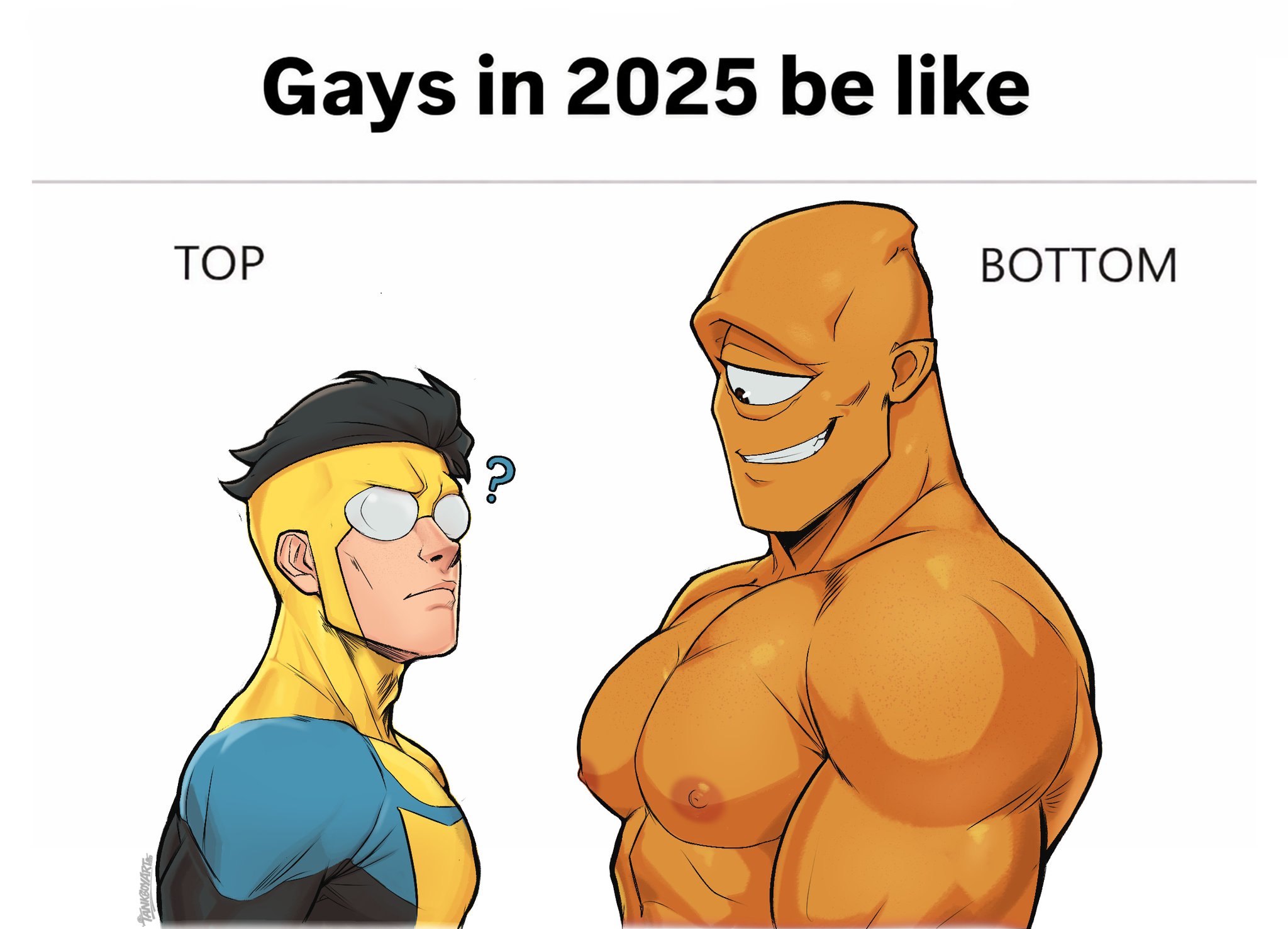 ?, allen the alien, bara, big pecs, face closeup, gay, gays in 2025 be like, interspecies, invincible, invincible (superhero), invincible (tv series), male, male only, mark grayson, mask, masked, masked male, meme, muscular, muscular male, no visible genitalia, one eye, small dom big sub, tankboyart