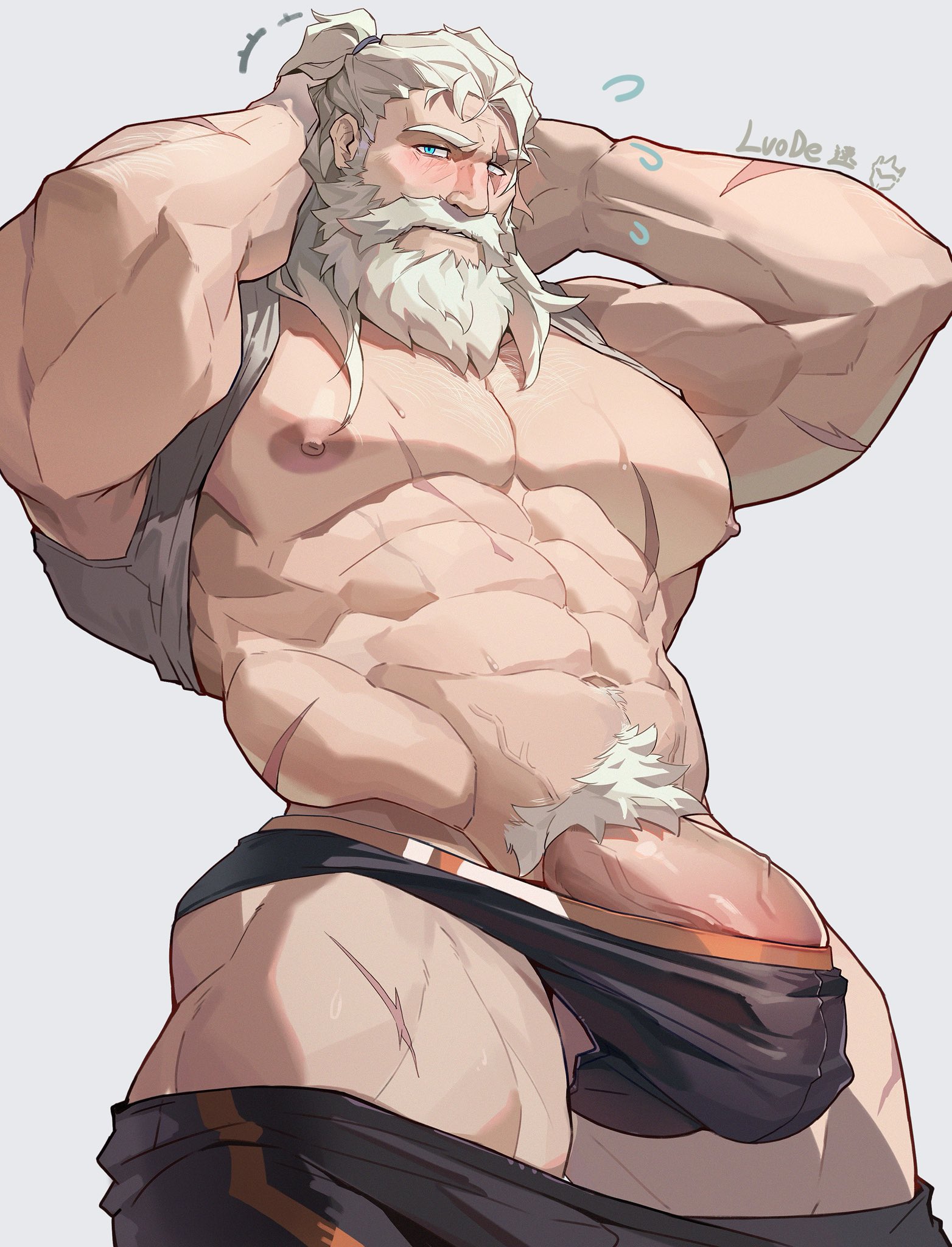 bara, beard, big pecs, daddy, dilf, hands behind head, luodejun, male, male only, overwatch, reinhardt, scar, scar across eye, scar on face, solo, white hair