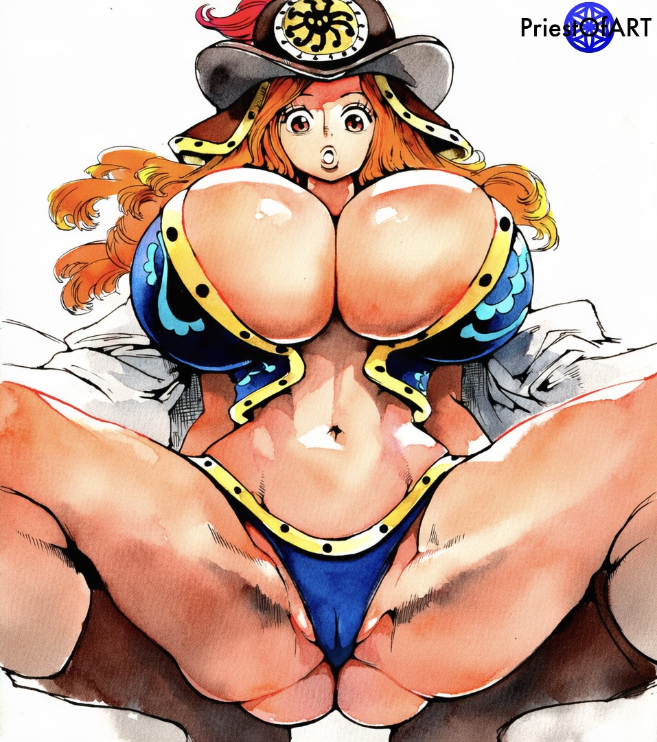1girls, ai generated, aphelandra, big breasts, blonde-haired female, brown hair, busty, cameltoe, cape, female, female only, from below, hat, heels, huge breasts, long hair, one piece, panties, priestofart, shiny, simple background, solo, solo female, spread legs, squatting, thick thighs, watercolor, watercolor (artwork), watermark, white background, wide hips