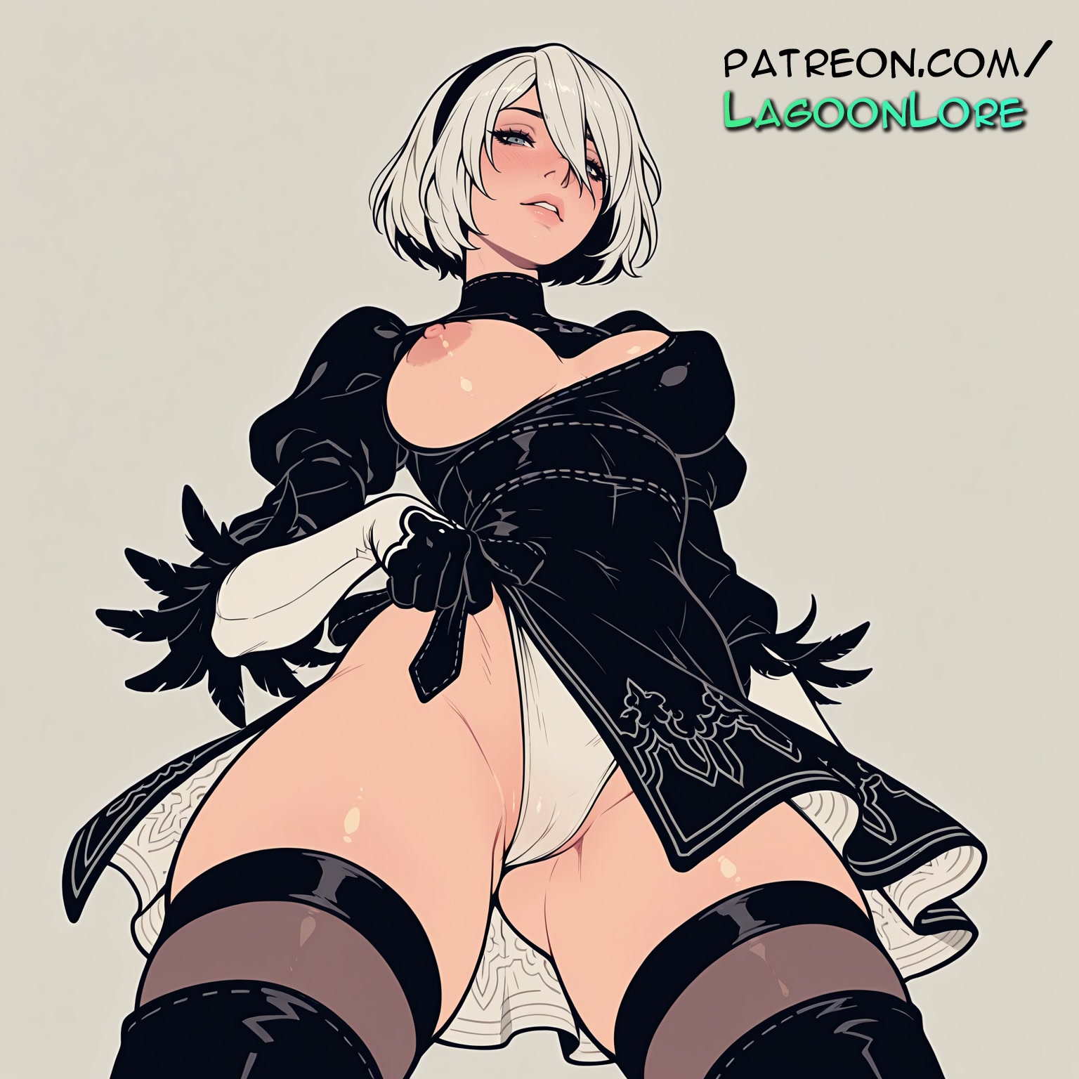 ai generated, artist name, average breasts, black blindfold, black dress, black hairband, blindfold, boots, breasts, bust, cameltoe, chest, dress, exposed nipples, feather trim, feather-trimmed sleeves, female, gloves, hairband, hi res, highleg, highleg leotard, highres, lagoonlore, leotard, medium breasts, mole, mole under mouth, nier: automata, nipples, nipples outside, no blindfold, normal breasts, patreon, patreon username, puffy sleeves, short hair, silver hair, thigh boots, thighhighs, thighhighs under boots, two-sided fabric, two-sided skirt, watermark, white leotard, yorha 2b