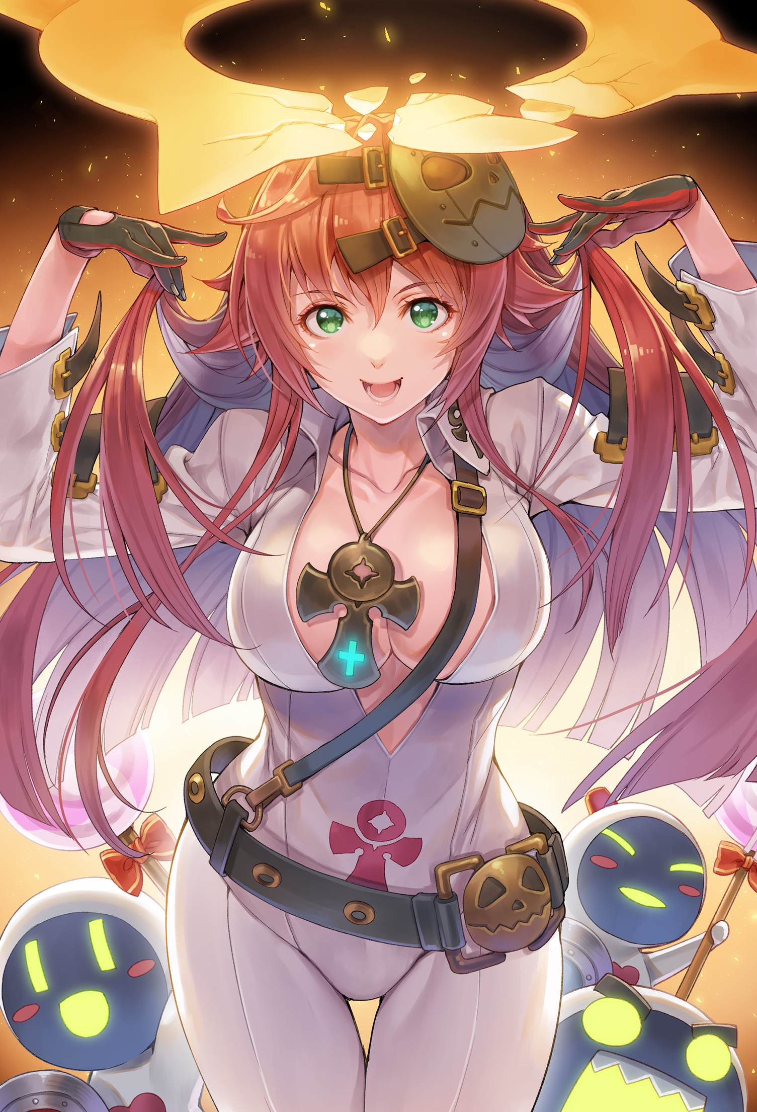 :d, ankh, ankh necklace, armor, belt, black gloves, blunt ends, bodysuit, breasts, broken halo, candy, cleavage, collarbone, commentary request, creature, cross, female, female only, flipped hair, food, gloves, glowing, green eyes, guilty gear, guilty gear strive, hagure keg, hair lift, halo, hands up, highres, holding, holding own hair, jack-o' valentine, jewelry, large breasts, lips, lollipop, long hair, long sleeves, looking at viewer, mask, mask on head, open mouth, pauldrons, red gloves, red hair, sharp teeth, shield, shoulder armor, smile, solo, spiked halo, spikes, straight hair, studded belt, teeth, thigh gap, white bodysuit