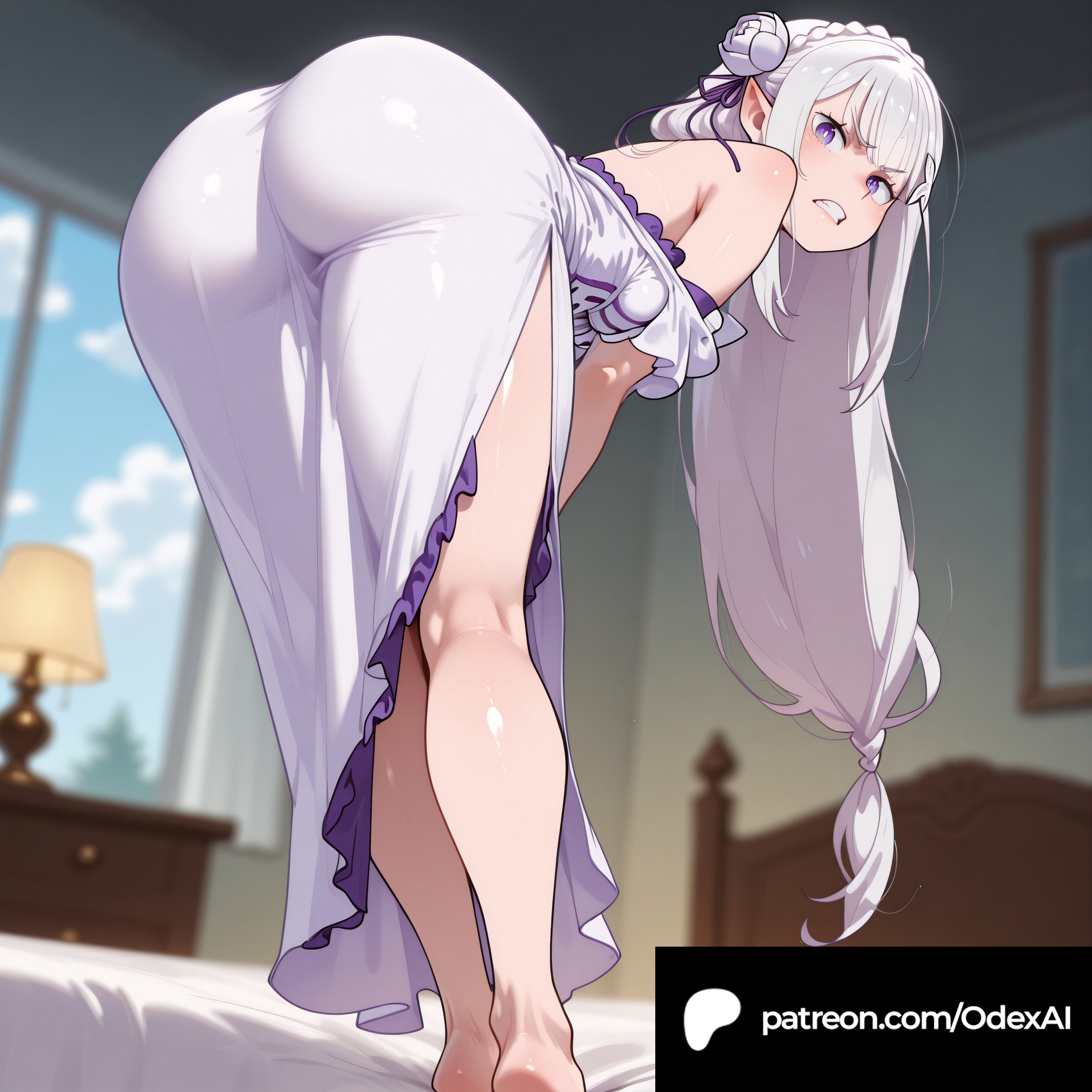 1girls, absurd res, absurdres, ai generated, artist name, ass, bangs, big ass, big breasts, blurred background, blurry background, breasts, cartoon, cartoony, depth of field, emilia (re:zero), female, female focus, female only, hi res, high quality, high resolution, highres, large ass, large breasts, long hair, odexai, patreon, patreon link, patreon url, patreon username, purple eyes, re:zero kara hajimeru isekai seikatsu, small waist, solo focus, straight, thick thighs, thin waist, white hair, wide hips