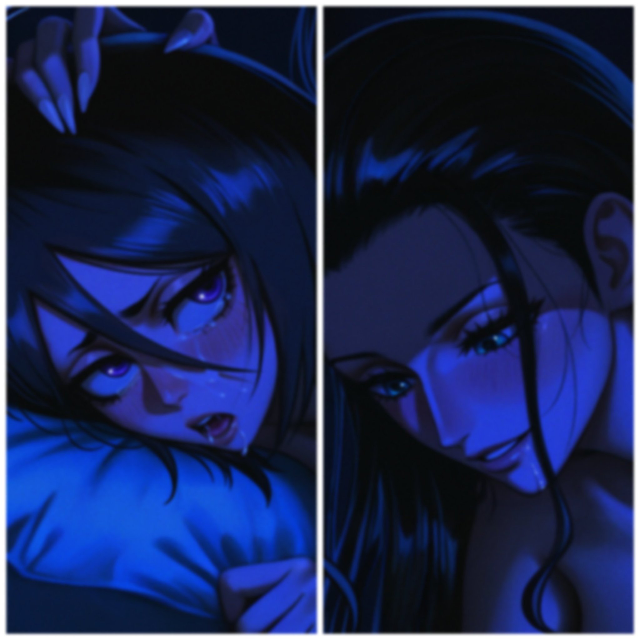 2girls, bleach, blush, drooling, female, female focus, female only, implied sex, kuchiki rukia, lesbian sex, nico robin, one piece, prixmal, sex, yuri