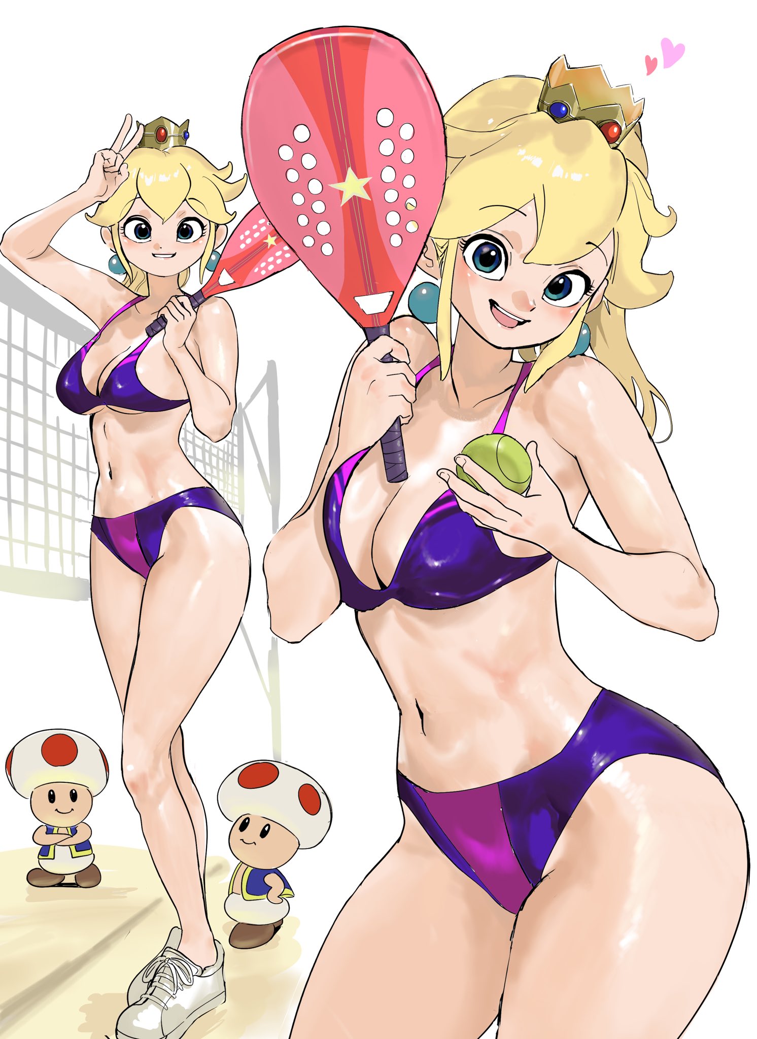 1girls, bikini, blonde hair, breasts, cleavage, crown, earrings, female, female focus, light skin, light-skinned female, mario (series), mario tennis, nintendo, pale skin, pale-skinned female, princess peach, royalty, shoes, sneakers, standing, sukoyaka tsukasa, super mario bros., swimsuit, tennis ball, tennis racket, toad (mario), white background