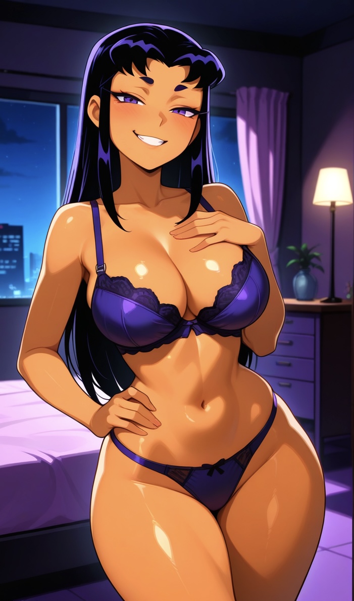 1alien, 1girls, ai generated, alien girl, bed, bedroom, blackfire, blush, bra, bra and panties, breasts, cleavage, curvy, dark-skinned female, dc, dc comics, female only, hand on chest, hand on hip, hand on own chest, hand on own hip, large breasts, night, panties, purple bra, purple eyes, purple hair, purple panties, smile, solo female, tamaranean, teen titans, wide hips