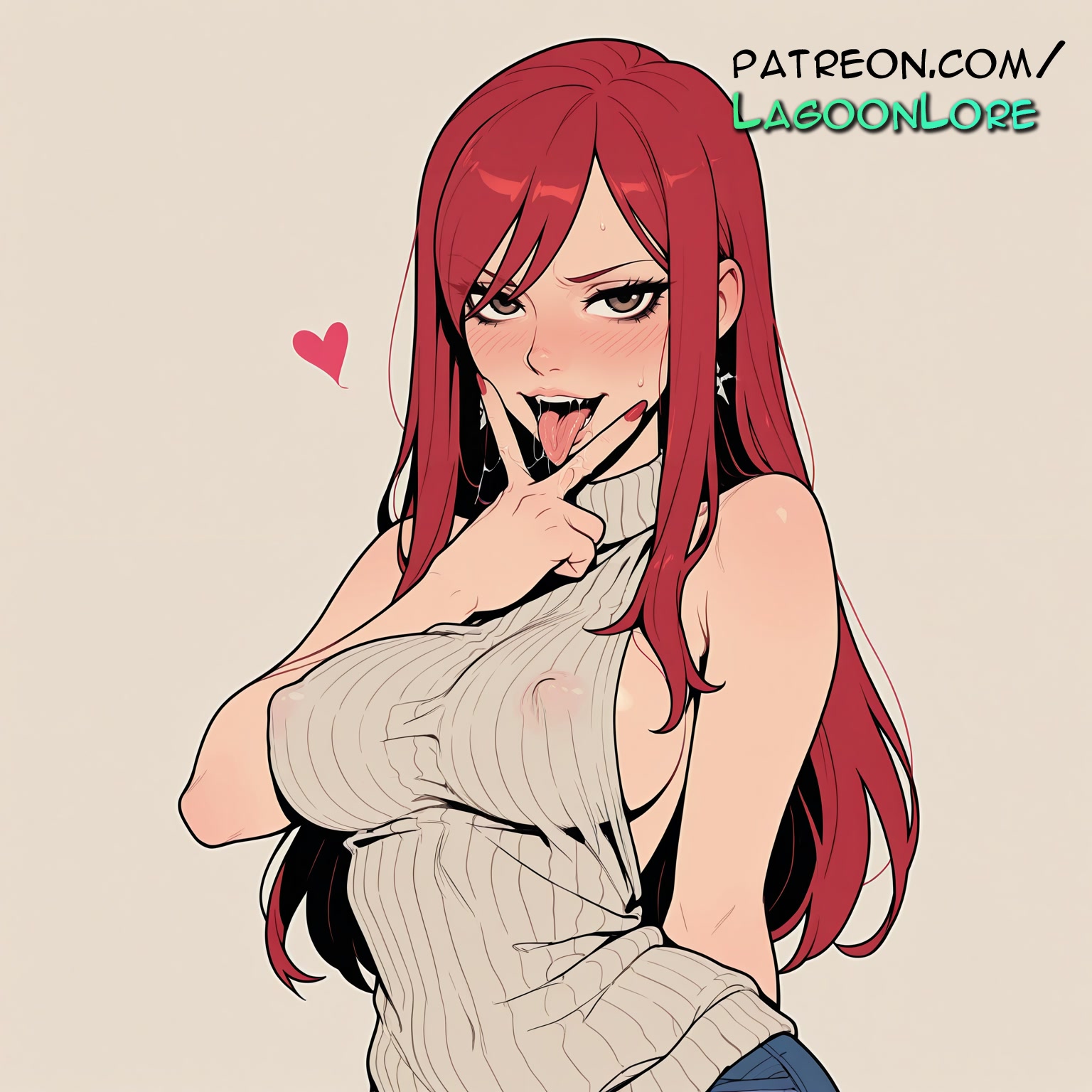 1girls, ai generated, artist name, bare shoulders, blush, breasts, bust, chest, covered nipples, earrings, erza scarlet, fairy tail, female, heart, hi res, highres, jewelry, lagoonlore, long hair, looking at viewer, mole, mole under mouth, nail polish, open mouth, patreon, patreon username, red hair, red-haired female, ribbed sweater, solo, sweater, tongue, tongue out, tongue piercing, watermark