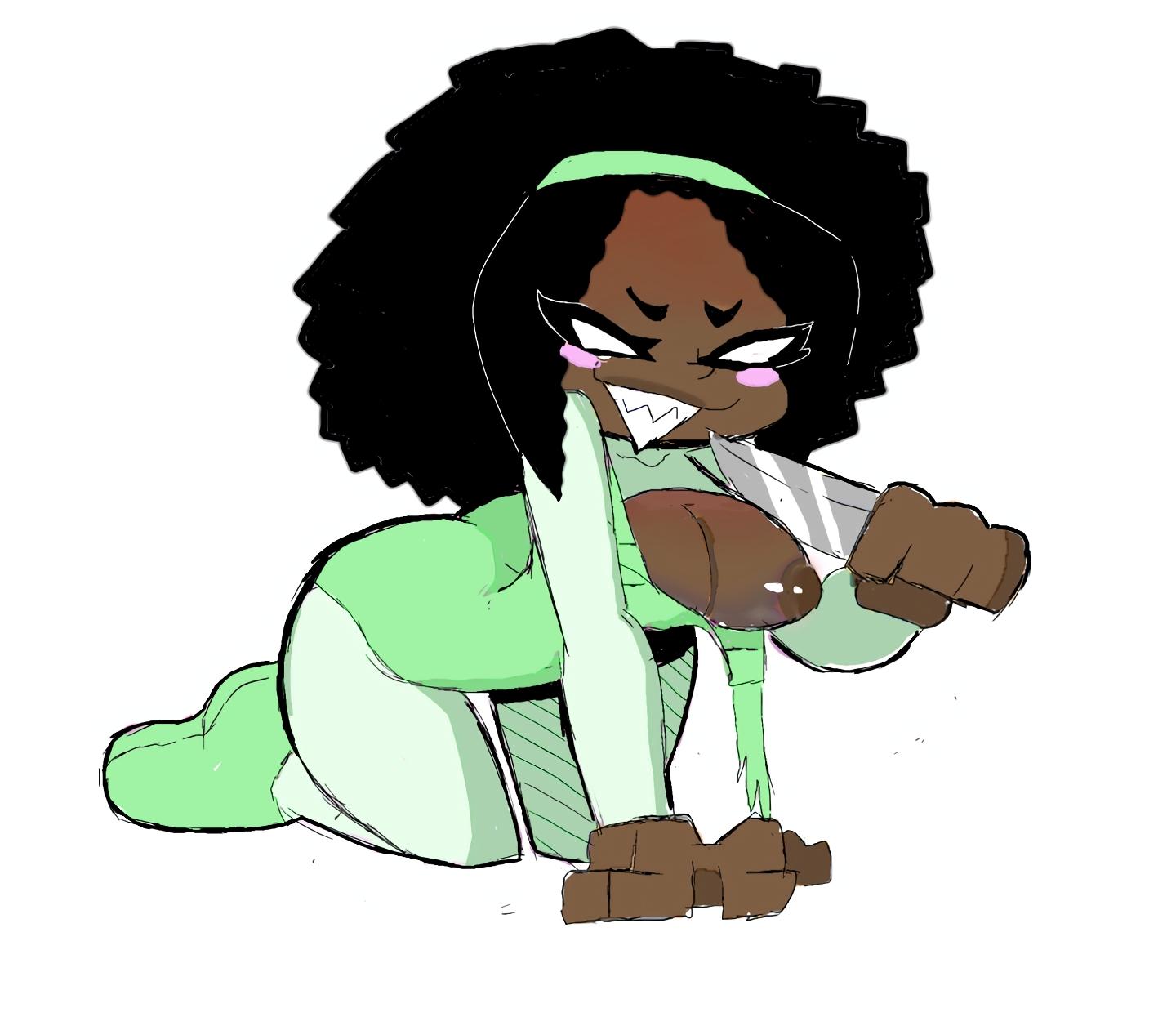 afro, bl1girls, blackwashed, blackwashed girl, boobs out, breasts, breasts out, dark hair, dark skin, dark-skinned female, edit, eks-out, female, female only, friday night funkin, green clothing, knife, nene (newgrounds), newgrounds, nipples, race swap, smiling, smiling at viewer