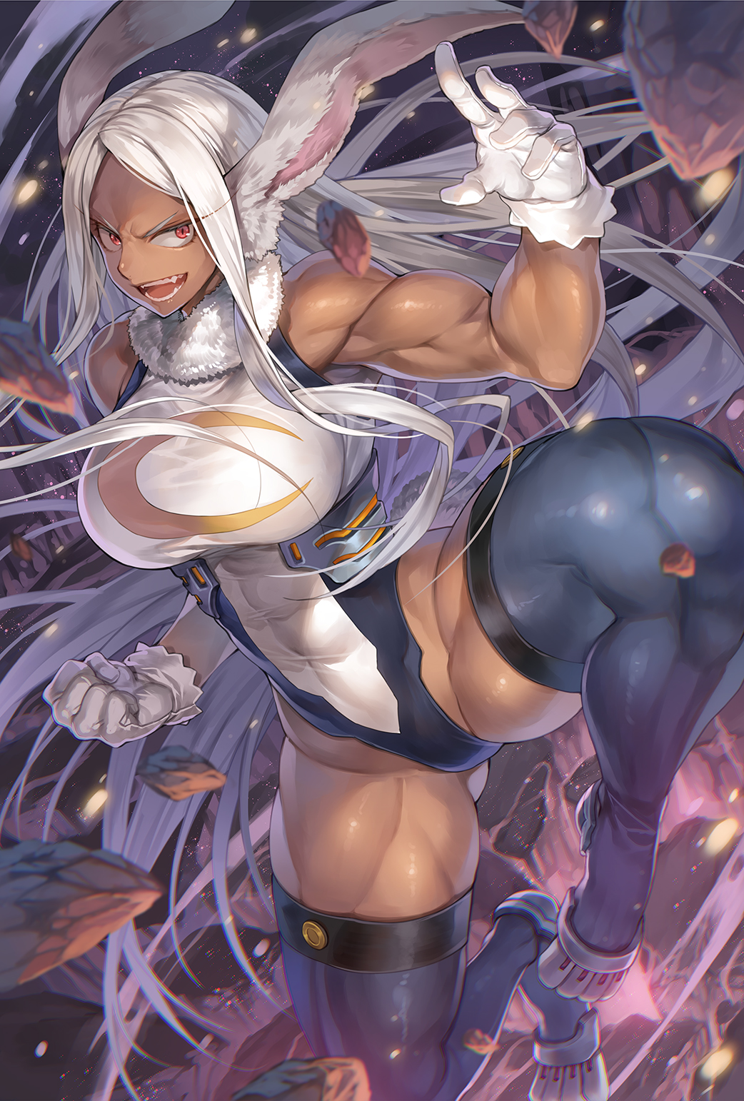1girls, abs, animal ears, bare shoulders, boku no hero academia, breasts, clenched hand, covered abs, covered navel, crescent print, dark skin, dark-skinned female, debris, female, female only, floating hair, fur collar, gloves, hagure keg, highleg, highleg leotard, highres, large breasts, leotard, long eyelashes, long hair, looking at viewer, midair, mirko, miruko, muscular, muscular arms, muscular female, muscular legs, my hero academia, open mouth, parted bangs, purple thighhighs, rabbit ears, rabbit girl, red eyes, rock, sleeveless turtleneck leotard, smile, solo, taut leotard, teeth, thick thighs, thighhighs, thighs, v-shaped eyebrows, very long hair, white gloves, white hair, white leotard