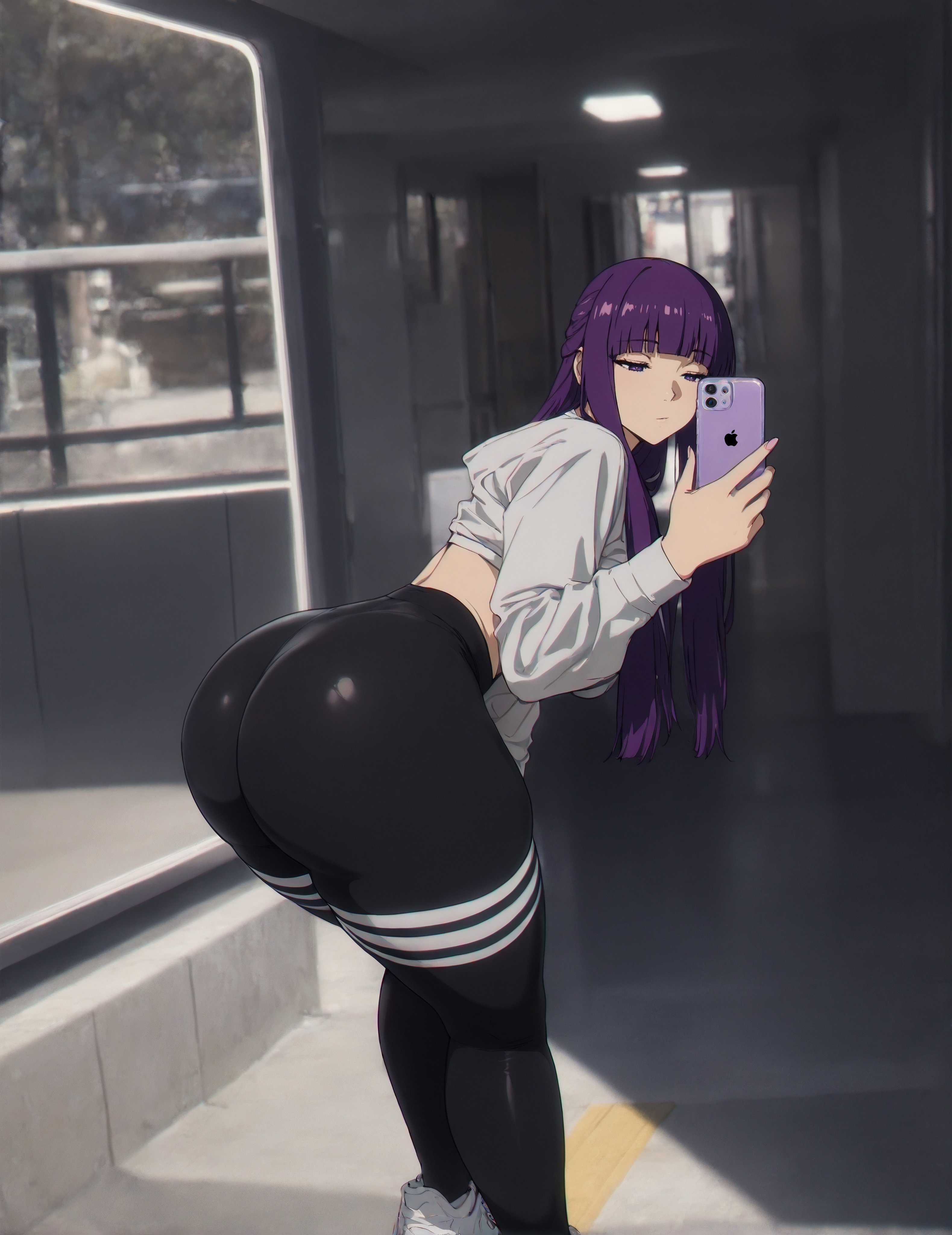 anime, ass, big ass, big butt, clothed, clothed female, contemporary, female, female focus, female only, fern (sousou no frieren), frieren beyond journey's end, from behind, from behind position, holding phone, large ass, large butt, leggings, light skin, light-skinned female, manga, phone, purple hair, purple hair female, selfie, solo, solo female, solo focus, sousou no frieren, thick thighs, thighs, yoga pants, zikin