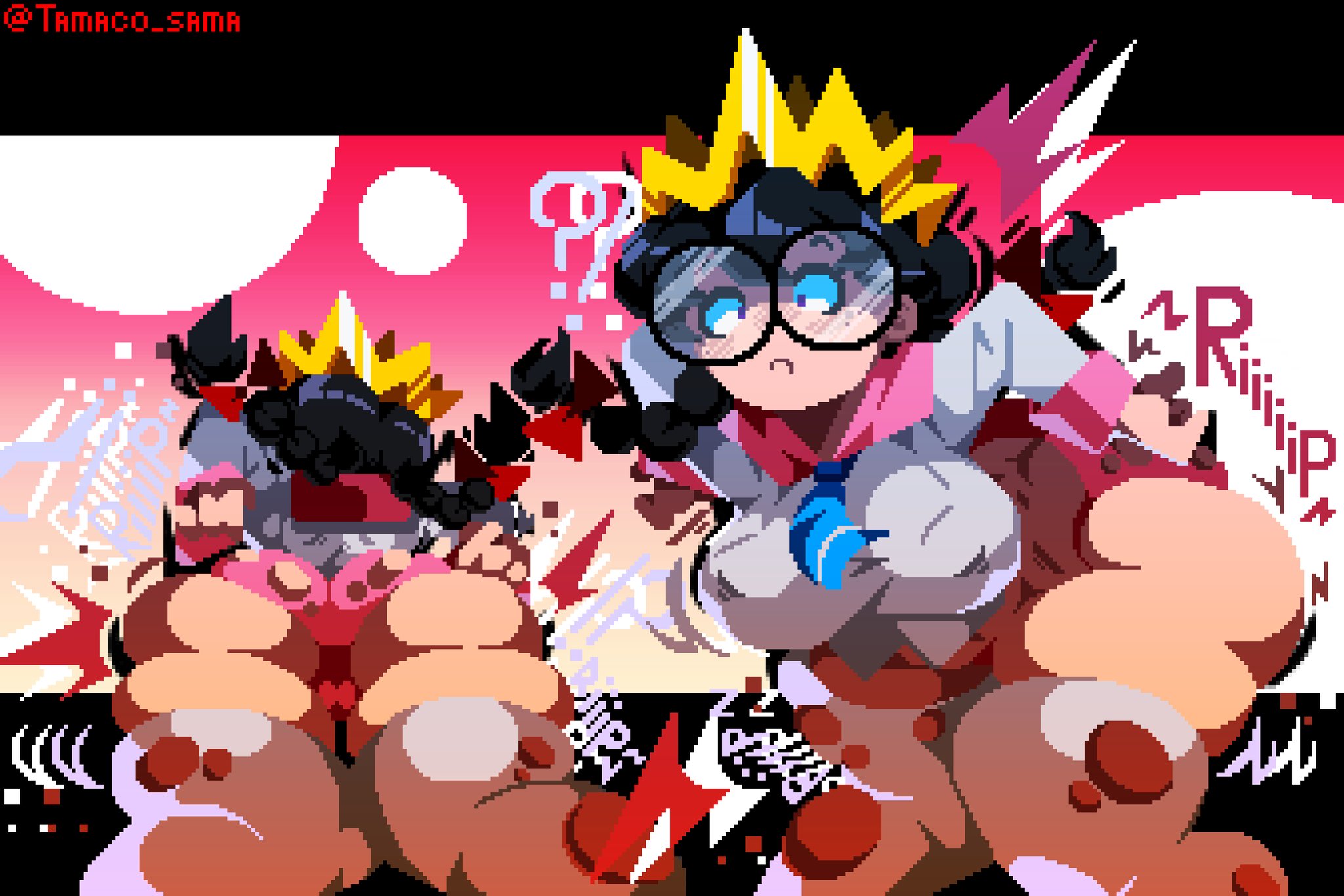 ?, 2025, alternate version available, artist name, ass, background, big ass, black border, black hair, blue necktie, bubble butt, crown, embarrassed, fairy queen, front view, glasses, kirby (series), kirby 64, multiple views, nipple bulge, onomatopoeia, pink background, pink panties, pixel art, queen, queen ripple, rear view, ripped clothing, ripping clothing, round glasses, sky, tagme, tamaco, tearing clothes, thick thighs, thighhighs, thighs, wardrobe malfunction