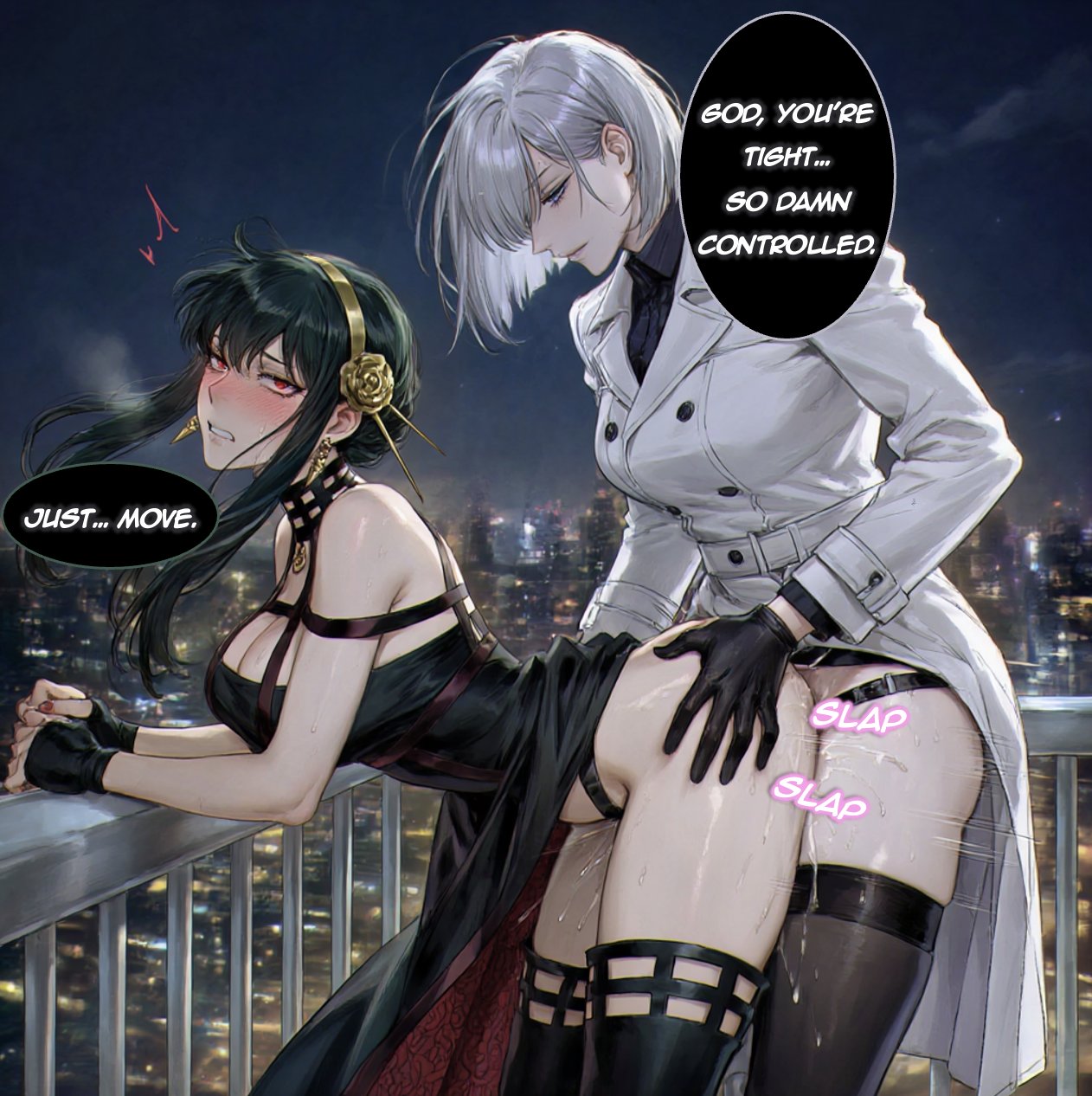 ai generated, clothed sex, fiona frost, pontatel, spy x family, strap-on, yor briar, yor forger, yuri