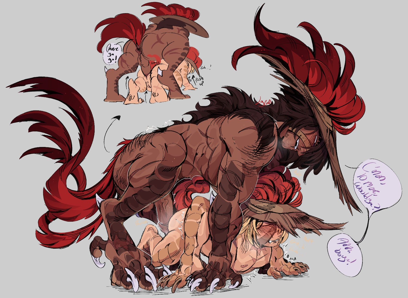 avian feet, avian humanoid, bara, body hair, breeding, cloacal penetration, encouragement, fat cock, feathers, gay, heathcliff (limbus company), huge cock, leakylycan, limbus company, male only, male/male, mating, muscular male, mutated, praise, project moon, push-up, pushups, sinclair (limbus company), sweat, waow, workout, yaoi