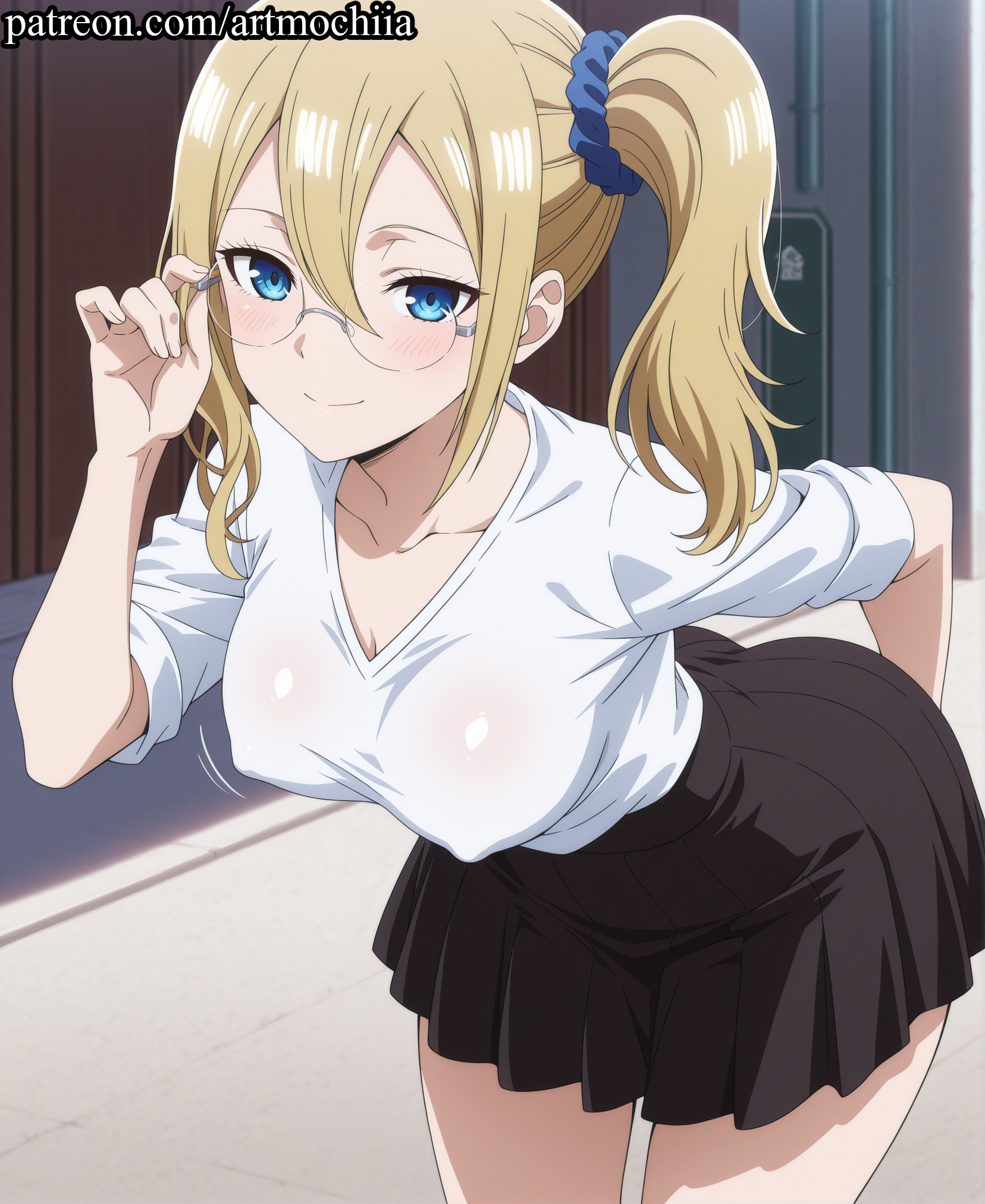 adjusting eyewear, ai generated, artmochiia, bespectacled, black skirt, blonde hair, blue eyes, blue scrunchie, blush, breasts, cleavage, collarbone, covered nipples, female, glasses, hair between eyes, hair ornament, hair scrunchie, hayasaka ai, kaguya-sama wa kokurasetai ~tensai-tachi no renai zunousen~, large breasts, leaning forward, looking at viewer, pleated skirt, school uniform, scrunchie, see-through, semi-rimless eyewear, shirt, side ponytail, sidelocks, skirt, smile, solo, voluptuous, voluptuous female, white shirt