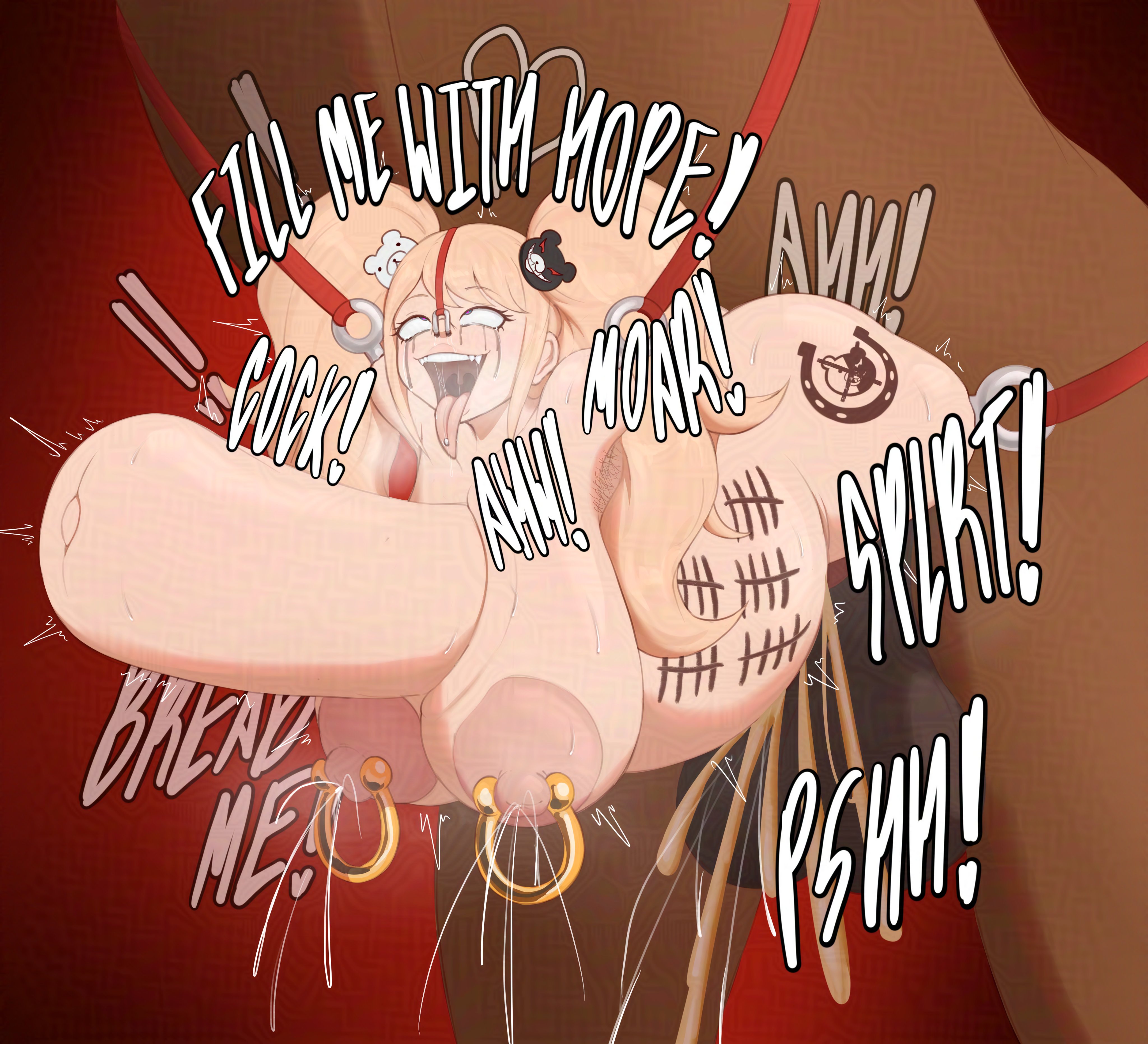 1girls, amputee, body writing, cum, cum in pussy, danganronpa, danganronpa (series), english text, horse, inflation, junko enoshima, nipple piercing, nose hook, piercing, quadruple amputee, sex, sofaqo, stomach bulge, tagme, tally marks, text, zoophilia