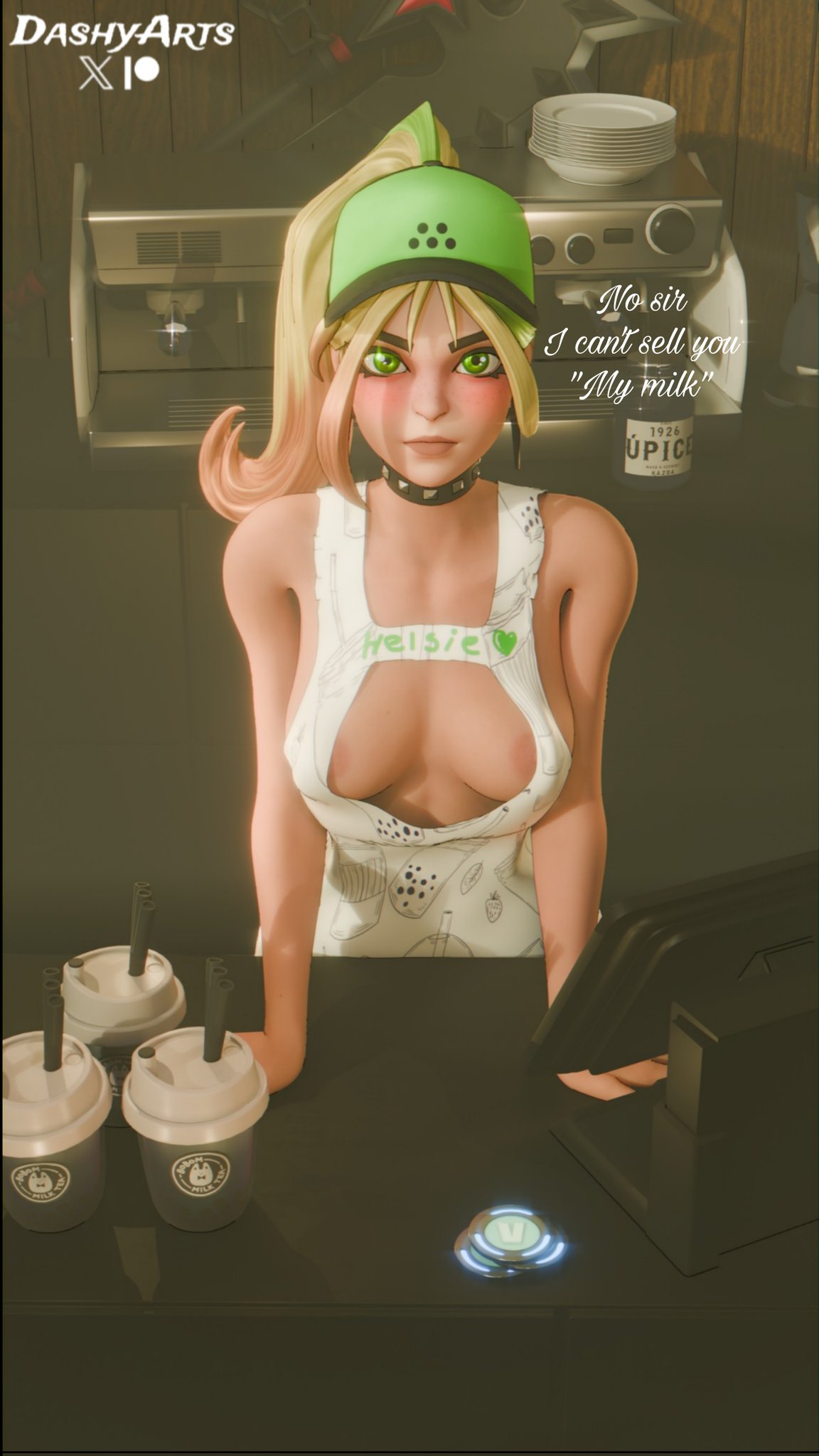 1girls, 2026, 3d, 3d (artwork), apron, apron only, black border, blender, blonde hair, blush, breasts, cleavage, counter, dashyarts, detailed background, embarrassed, epic games, female, female focus, female only, fortnite, fortnite: battle royale, green eyes, headwear, helsie (fortnite), hi res, high quality, high resolution, highres, light skin, light-skinned female, medium breasts, ponytail, talking to viewer, text, watermark