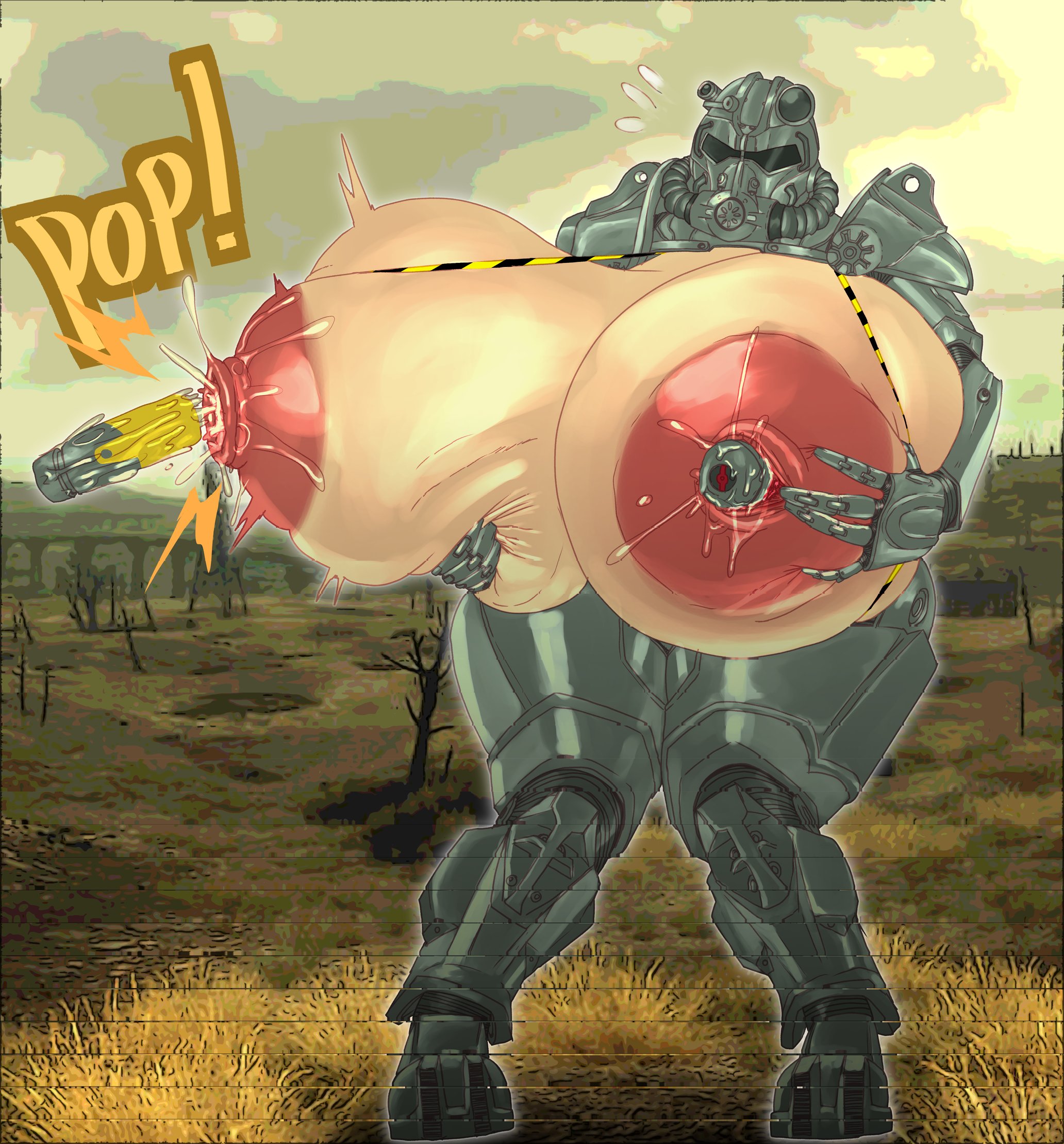 1girls, fallout, flamingsanity, fusion core, huge ass, huge breasts, hyper, hyper breasts, nipple insertion, nipple penetration, onomatopoeia, power armor, power armor (fallout), thick thighs, wasteland