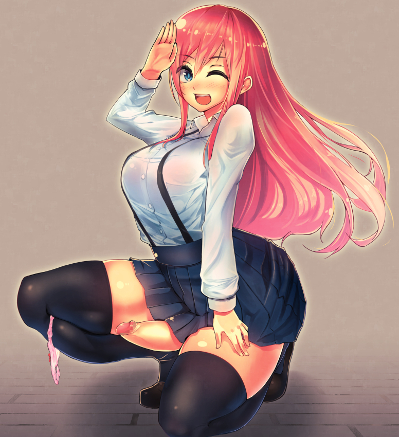 1futa, blue eyes, breasts, censored, curvy, erection, erection under clothes, erection under skirt, futa only, futanari, intersex, large breasts, looking at viewer, panties, penis, penis out, penis under clothes, penis under skirt, red hair, skirt, skirt lift, solo, thighhighs, urakata (artist)