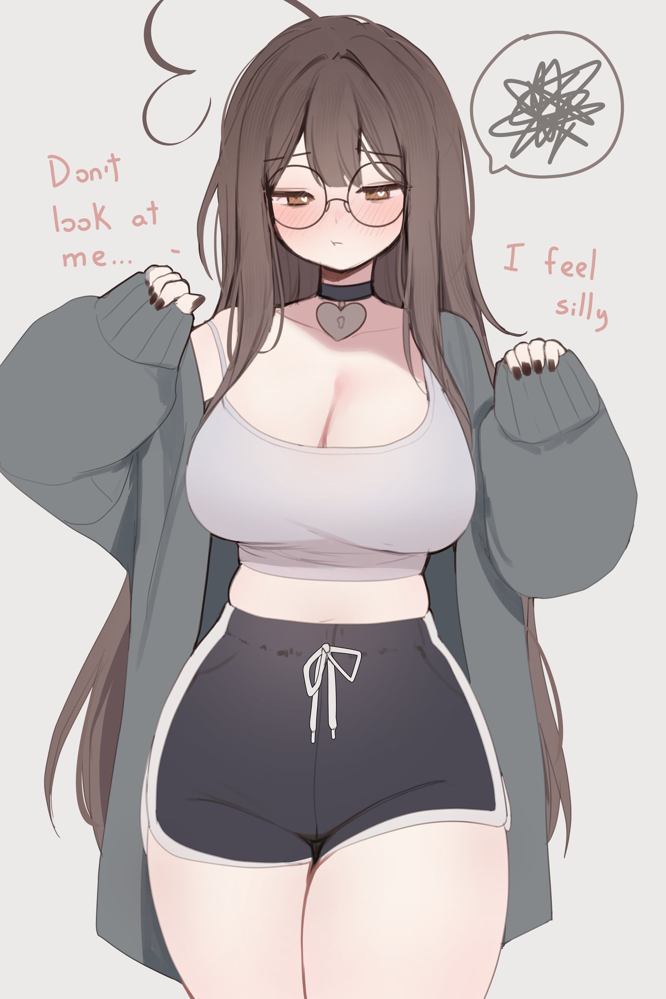 1girls, 2026, big breasts, bikini, blush, breasts, brown eyes, brown hair, camisole, clothed, clothing, dolphin shorts, embarrassed, english text, female, female only, glasses, heart-shaped pupils, hi res, indie virtual youtuber, large breasts, light skin, light-skinned female, long hair, looking down, shorts, simple background, sky (skyaboveme), skyaboveme, solo, solo female, text, thick thighs, thighs, virtual youtuber, vtuber, white background
