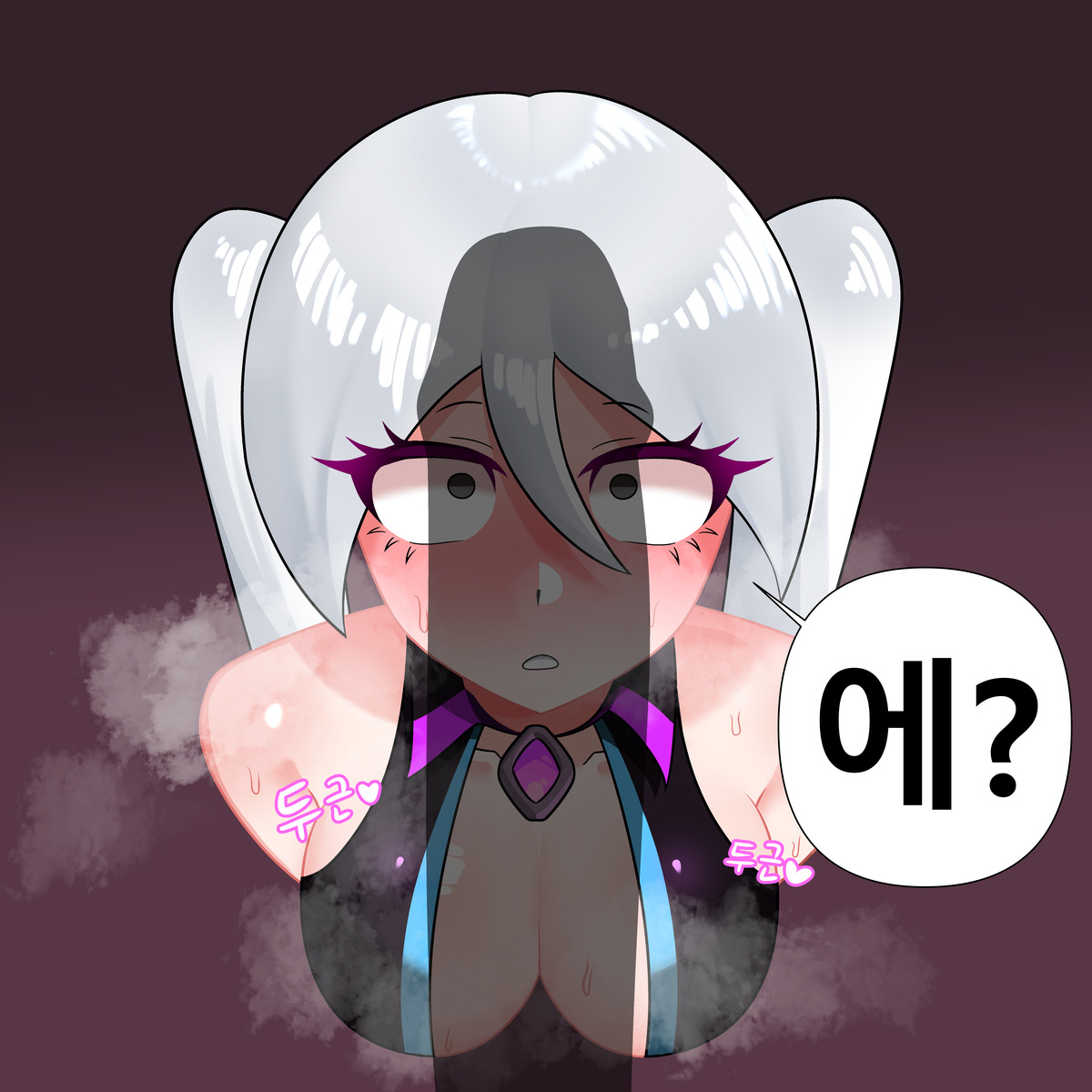 1boy, 1girls, ainggomu, big breasts, black background, black eyes, gray hair, heart, kalisa (battle cats), korean text, looking from above, shadow, text, the battle cats, twintails, white hair