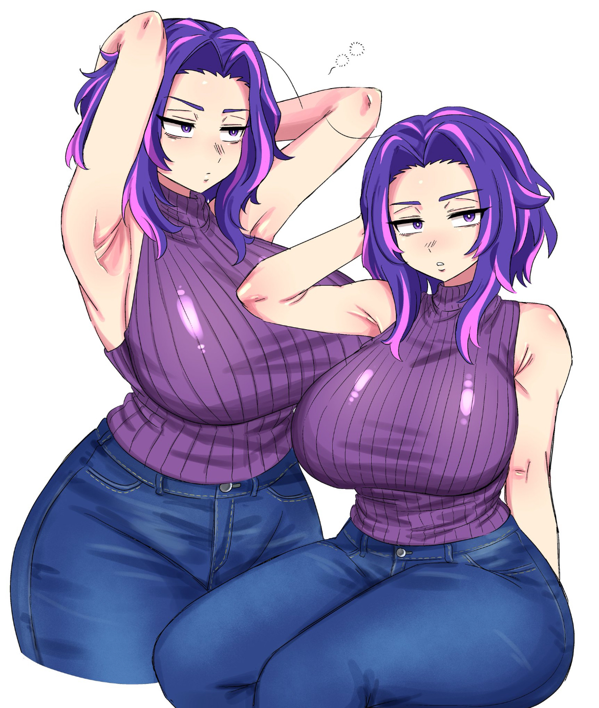 armpit, big breasts, blank expression, boku no hero academia, breasts bigger than head, curvy, curvy female, cute, cute face, edgj, female, female focus, female only, fully clothed, hand on head, hips, hips wider than shoulders, jeans, kaina tsutsumi, lady nagant, looking, looking at viewer, massive breasts, my hero academia, pink hair, posing, posing for the viewer, purple hair, sexy, sexy body, slim waist, solo, solo female, solo focus, thick thighs, thighs, tiny waist, wide hips, wide thighs