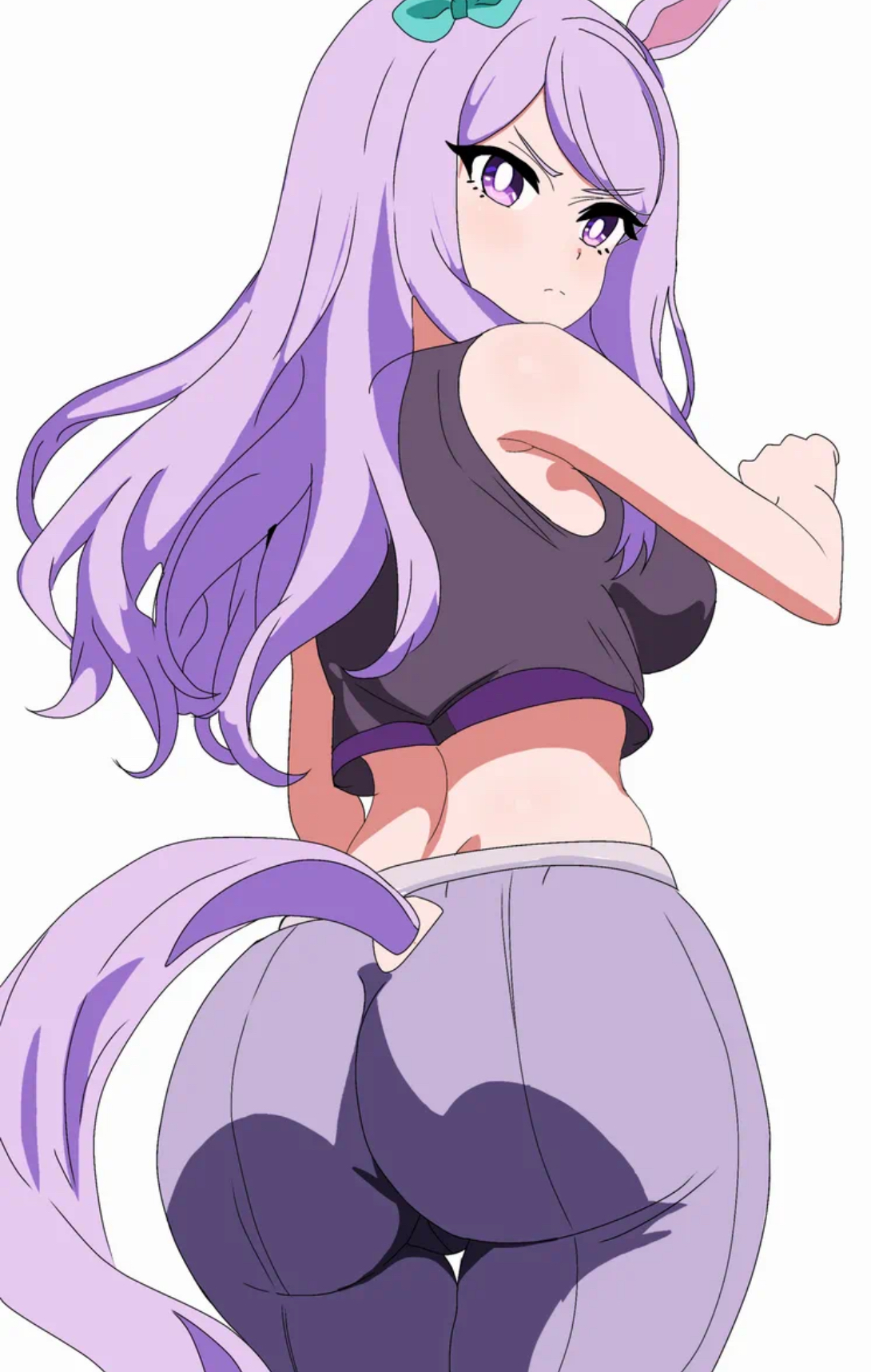 1girl, ass, ass focus, back view, backside, big ass, curvy, curvy figure, cute, cute face, cute female, eufoniuz, female, female focus, female only, fully clothed, head turnt, horse, horse ears, horse girl, horse tail, long hair, looking, looking at viewer, medium breasts, mejiro mcqueen (umamusume), pale skin, pale-skinned female, pants, purple eyes, purple hair, sexy, sexy body, sideboob, solo, solo female, solo focus, umamusume, umamusume pretty derby