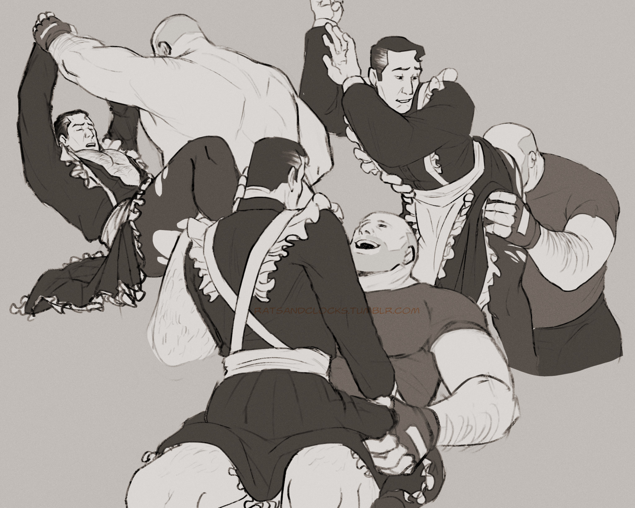 against wall, anal, anal sex, analingus, apron, arm hair, canon couple, chest hair, clothed male nude male, cowgirl position, crossdressing, crossdressing (mtf), crossdressing male, dilf, eating ass, gay, gay sex, glasses, heavy (team fortress 2), huge cock, implied anal, leg hair, maid, male maid, masculine crossdresser, medic (team fortress 2), middle aged male, missionary position, older male, pantyhose, ratsandclocks, riding, riding penis, sitting on lap, sitting on person, size difference, skirt, team fortress 2, torn pantyhose, yaoi