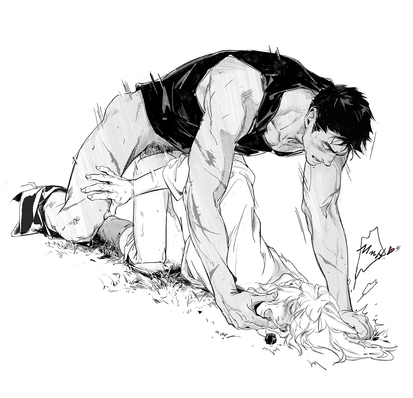 2025, 2boys, bara, barefoot, behelit, berserk, black hair, dialogue, doggy style, femboy, femboy penetrated, functionally nude, gay, gay sex, griffith, guts (berserk), highres, intense orgasm, intense sex, jerking, kissing, long hair, looking pleasured, male, male on femboy, male penetrating, male penetrating femboy, male penetrating male, male/femboy, male/male, masculine male, masturbation, moan, moaning, moaning in pleasure, monochrome, muscular, muscular male, orgasm, partially clothed, partially nude, penetration, rough sex, sex, short hair, size difference, terribleaunt, text, tongue, twink, twink penetrated, white hair, yaoi