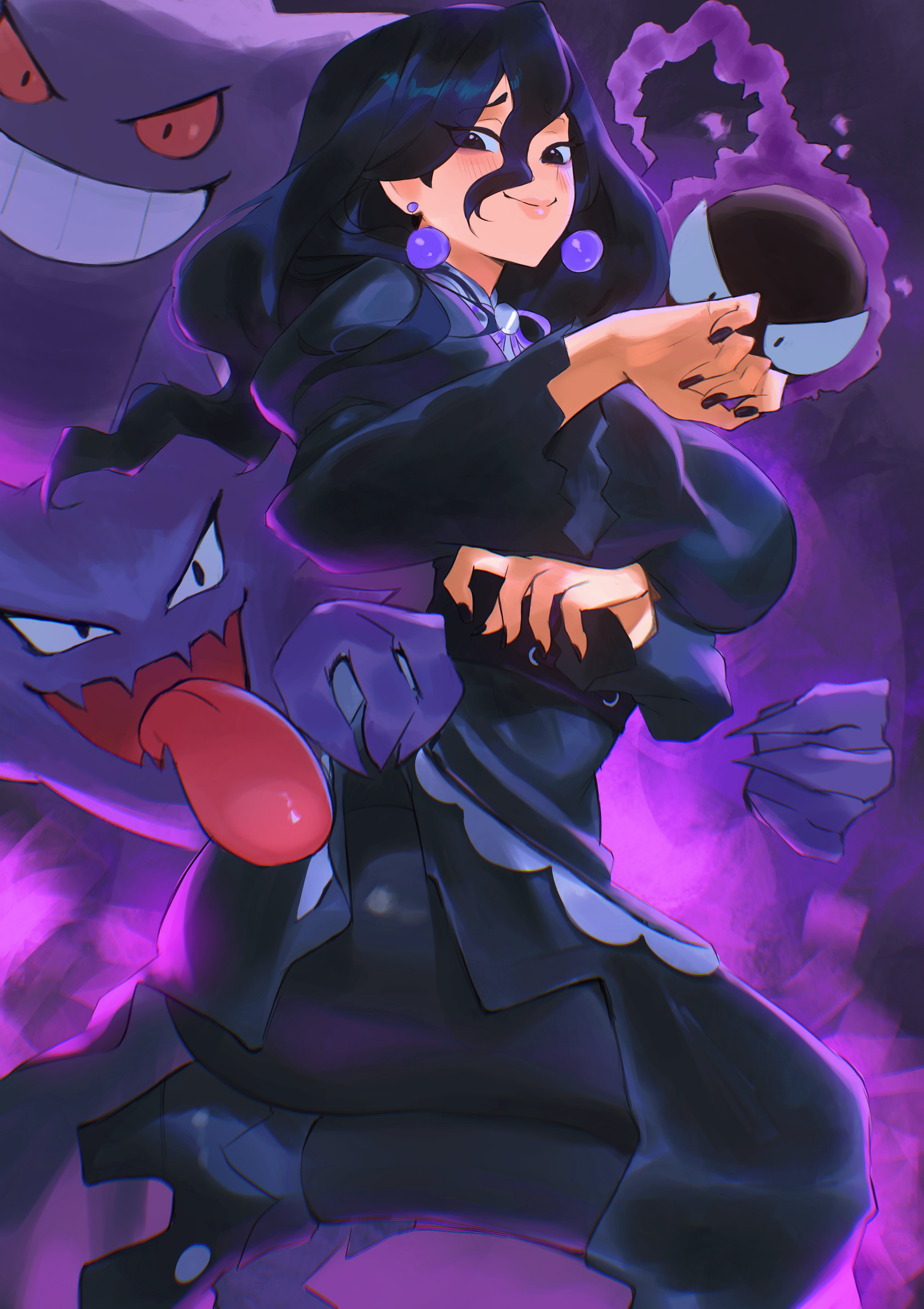 absurdres, alternate breast size (larger), black corset, black dress, black hair, black nails, breasts, claws, closed mouth, colored sclera, commentary, corset, dress, earrings, english commentary, female, female only, gangar, gastly, gen 1 pokemon, gengar, ghos, ghost, ghost (pokemon), hair between eyes, haunter, hex maniac, hex maniac (pokemon legends: z-a), highres, hirosenpai, jewelry, juliet sleeves, large breasts, long hair, long sleeves, looking at viewer, nail polish, neck ribbon, nintendo, npc trainer, occult maniac, occult maniac (pokemon legends: z-a), occult maniac (pokemon), occult maniac (z-a), open mouth, pokemon, pokemon (creature), pokemon legends: z-a, puffy sleeves, purple eyes, purple ribbon, red sclera, ribbon, smile, teeth, tongue, tongue out