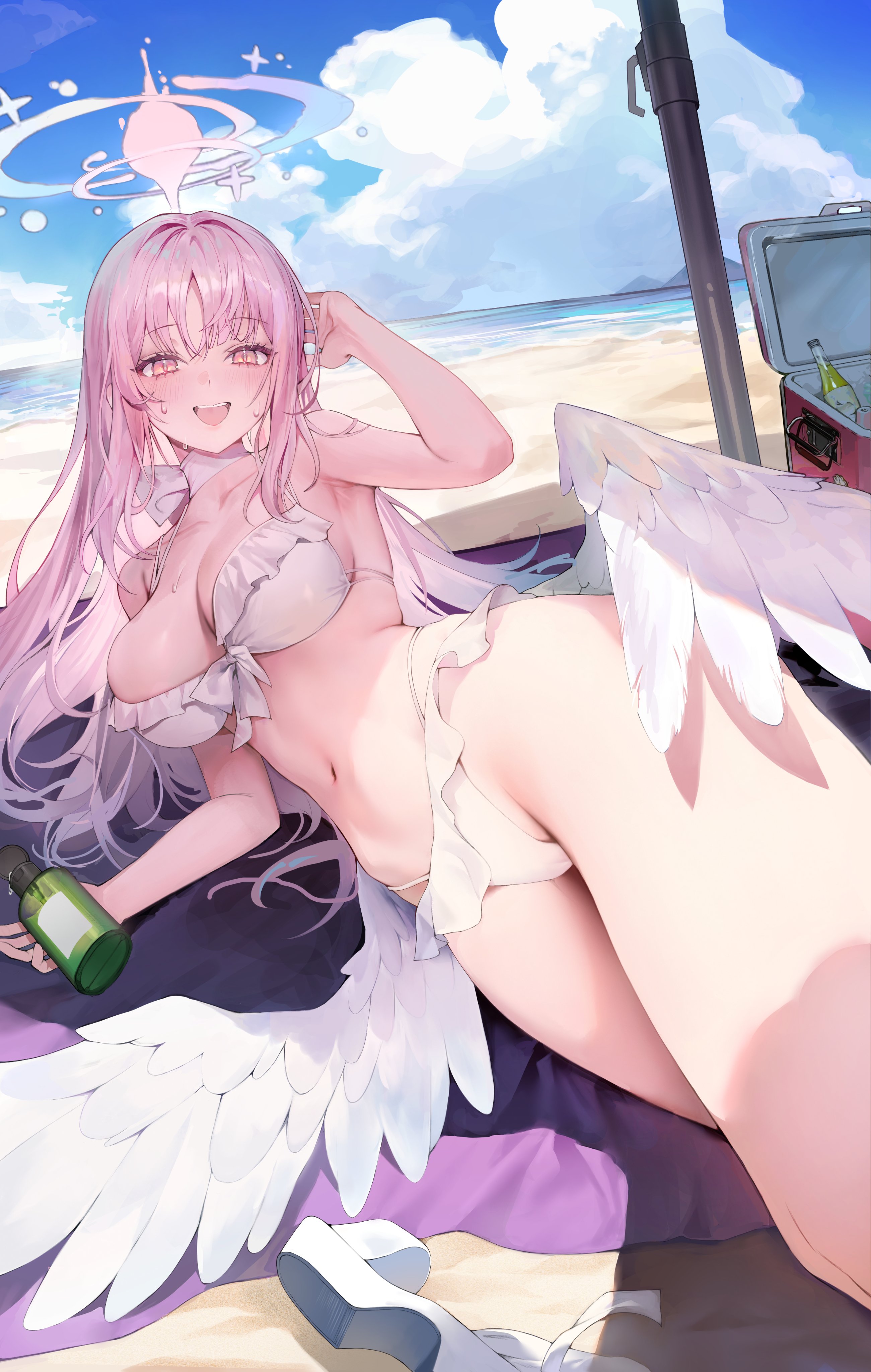1girls, absurdres, armpits, beach, bikini, blue archive, blue halo, blush, bottle, breasts, choker, cleavage, cloud, cloudy sky, collarbone, commentary, cooler, feathered wings, female, female only, frilled bikini, frills, halo, highres, large breasts, light skin, light-skinned female, long hair, looking at viewer, low wings, lying, mika (blue archive), mika (swimsuit) (blue archive), navel, ocean, official alternate costume, on side, open mouth, outdoors, pengrani, pink hair, pink halo, shoes, skindentation, sky, solo, sweat, swimsuit, tea party (blue archive), thighs, trinity general school student, umbrella, unworn shoes, white bikini, white choker, white shoes, white wings, wings
