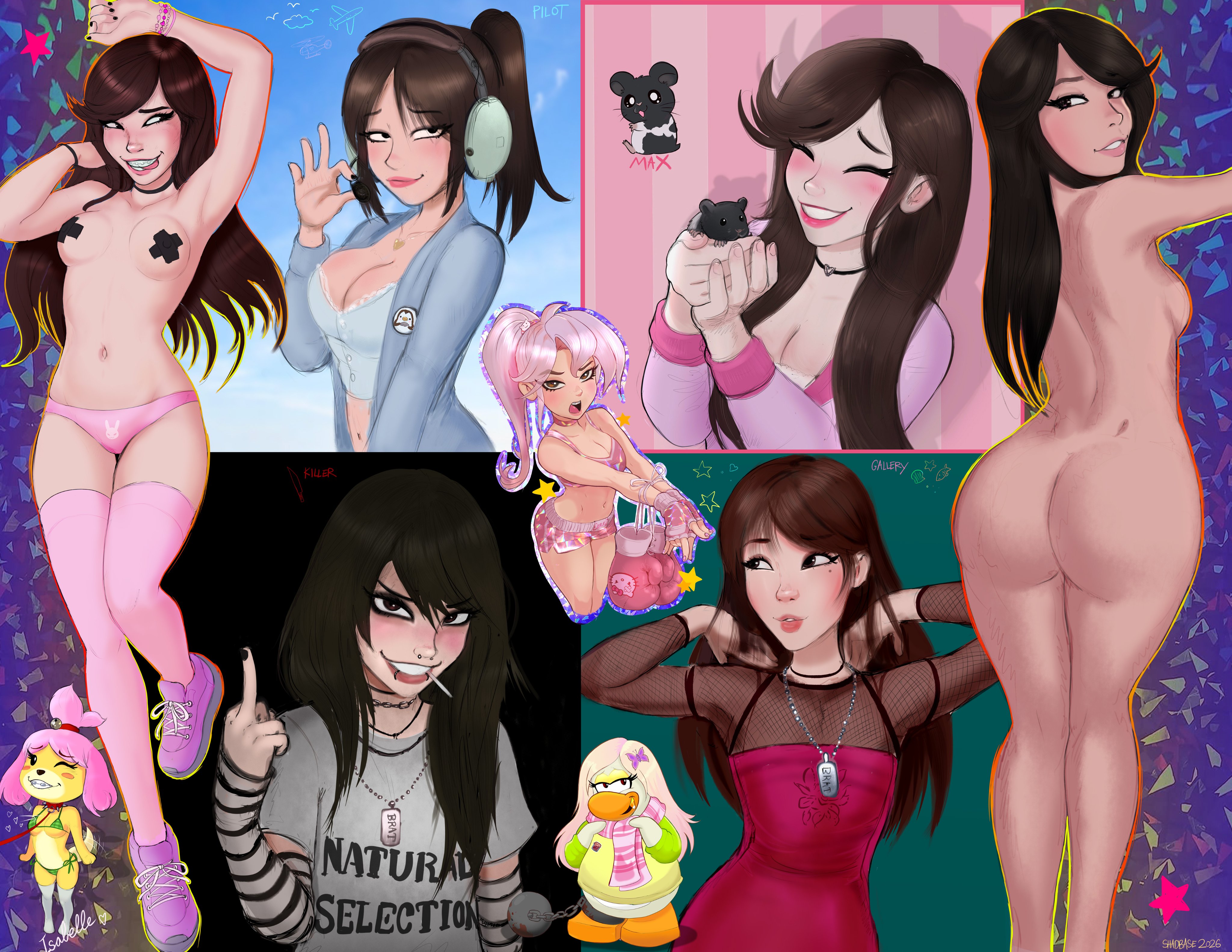 1girls, 2d, 2d animation, 2d artwork, ass, back view, belle delphine, club penguin, dress, female torso, front view, hair ornament, makeup, multiple poses, necklace, nude, panties, pasties, red panties, shadman, small ass, small breasts, solo, spreading ass