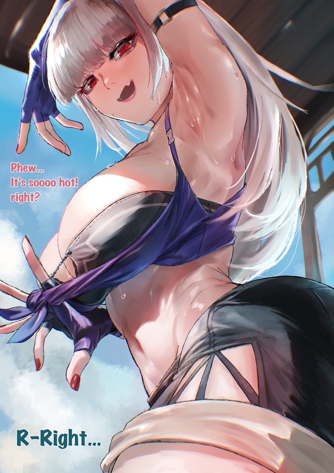 1girls, armpits, big breasts, bikini, black bikini, blue gloves, blue sky, breasts, cleavage, cloud, cloudy sky, commentary request, day, einelotta, english text, female, fingerless gloves, from below, from side, gloves, highres, indie virtual youtuber, large breasts, long hair, looking at viewer, looking down, nail polish, oerba yun fang, outdoors, red eyes, red nails, skin fang, sky, solo, strapless, strapless bikini, summer, sweat, swimsuit, teda (teba3939), virtual youtuber, vtuber, white hair