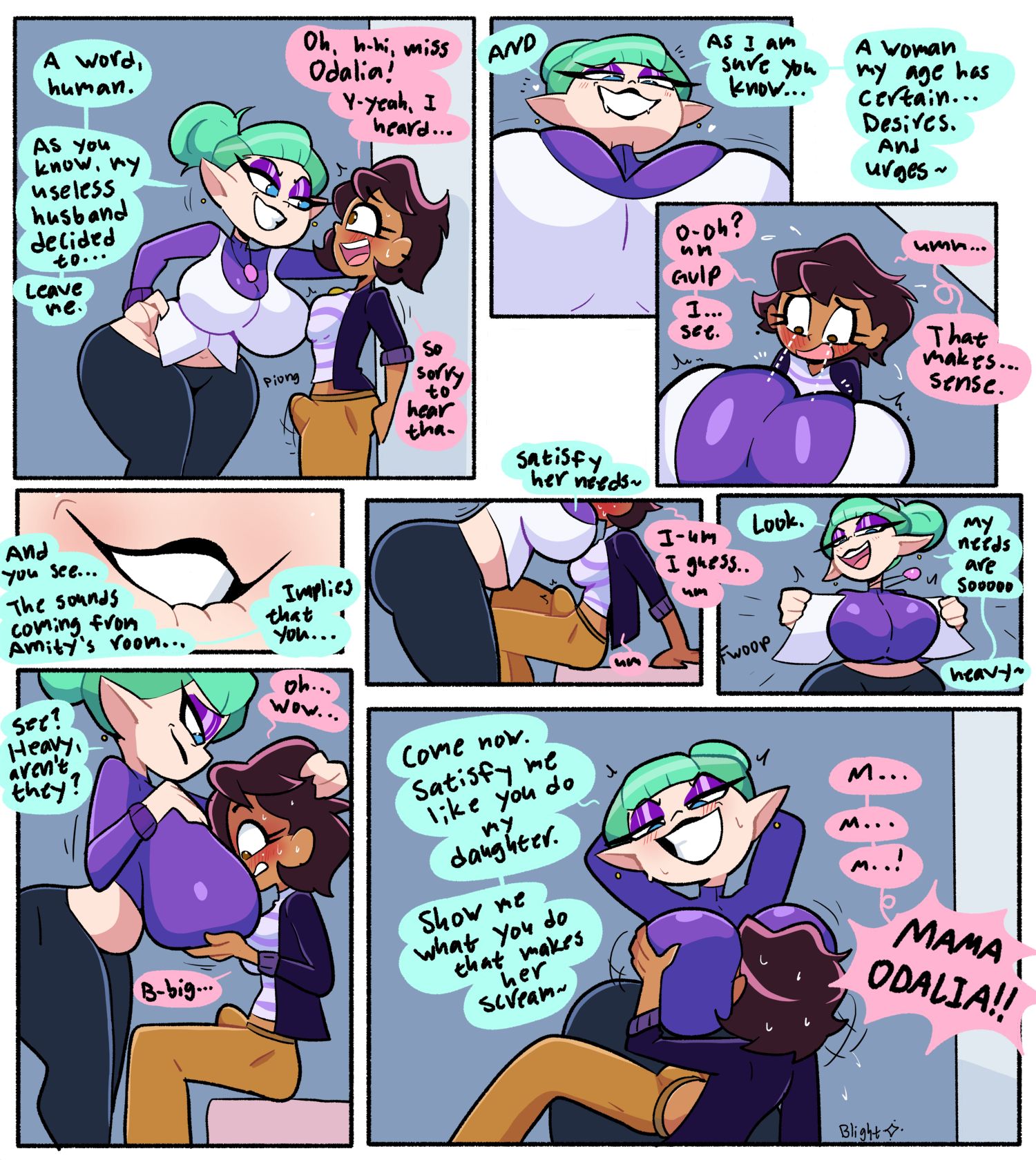 1futa, 1girls, big breasts, blightstar, bulge through clothing, clothed, clothing, daughter-in-law, dialogue, disney, english text, face between breasts, futanari, luz noceda, mother in law, mother-in-law and daughter-in-law, odalia blight, tagme, the owl house