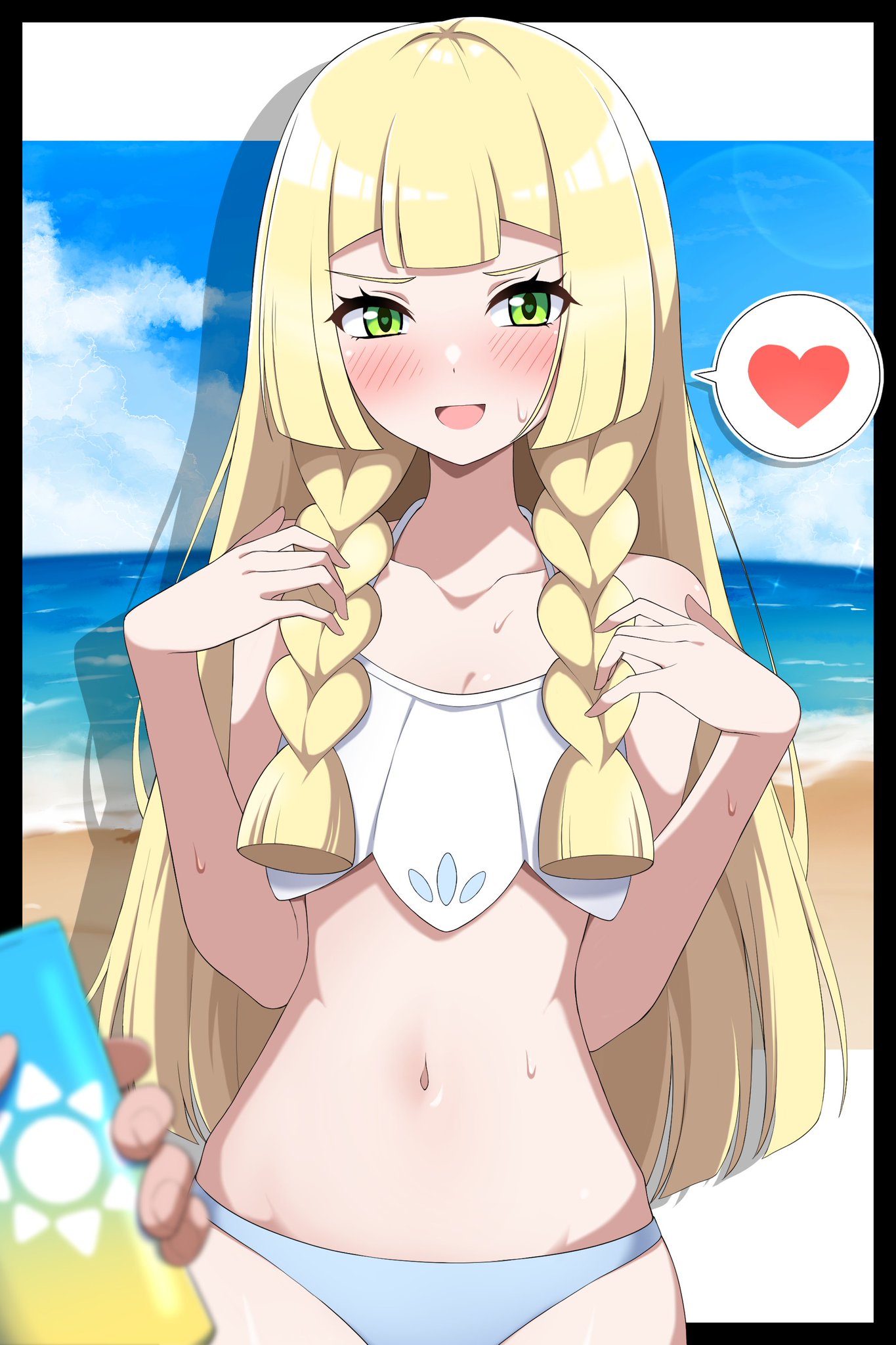 1girls, beach, bikini, blonde hair, blush, female, female focus, green eyes, heart, holding object, holding sunscreen, light-skinned female, lillie (pokemon), long blonde hair, long hair, nintendo, pokemon, pokemon sm, pov, shabana may, sunscreen, swimsuit, tummy