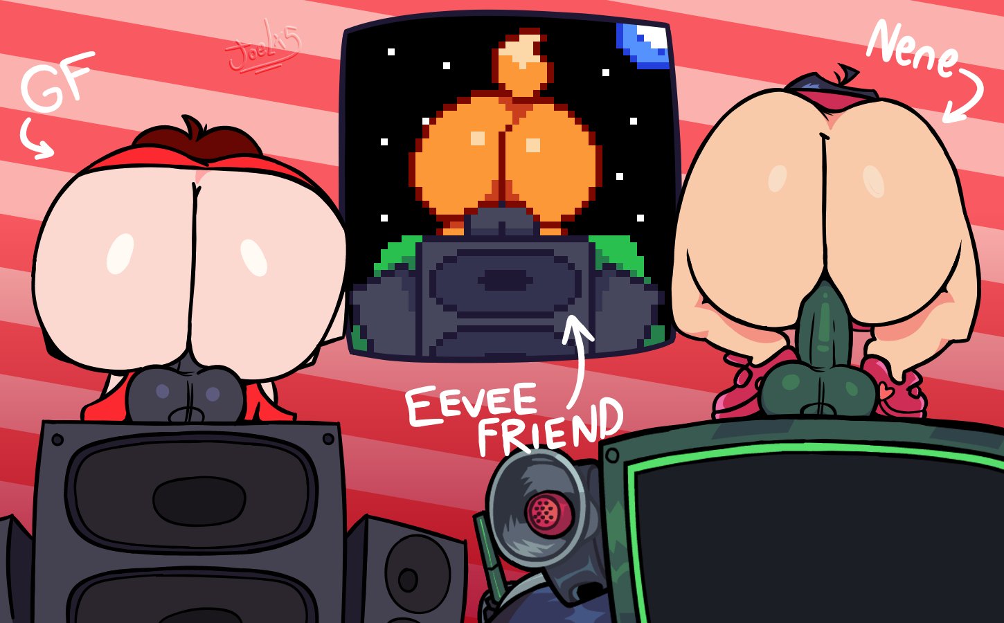 3, 3 characters, ass, ass focus, auburn hair, big ass, boombox, bubble butt, dark blue hair, dildo, eevee, eeveefriend (marios madness), fat ass, female, female only, fnf, fnf girlfriend, fnf mod, fnf mods, fnf nene, friday night funkin, friday night funkin mod, friday night funkin mods, friday night funkin', furry, gf, gf fnf, girlfriend (fnf), girlfriend (friday night funkin), girlfriend (mods), huge ass, hyper, hyper ass, inspired by, joelartnsfw, large ass, marios madness, massive ass, migasnsfw, nene (newgrounds), nene (pico's school), newgrounds, pico's school, pixel art, pokemon, pokemon (species), riding, riding dildo, sitting, sitting on dildo, tail