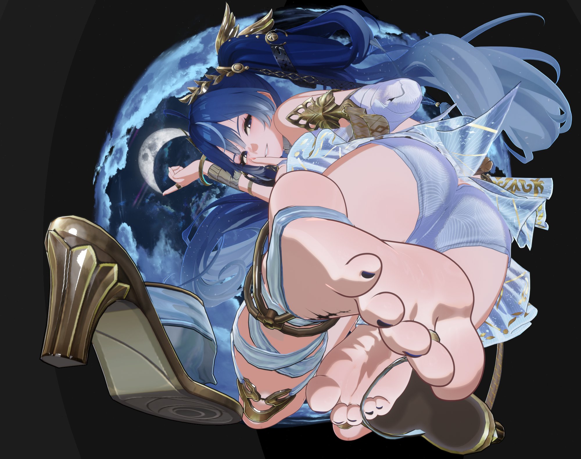 1girls, 3d, barefoot, blue eyes, blue hair, blue toenails, dazfrog, discarded footwear, feet, female, foot fetish, foot focus, iuno (wuthering waves), presenting feet, solo, toe ring, toes, toes scrunch, wuthering waves