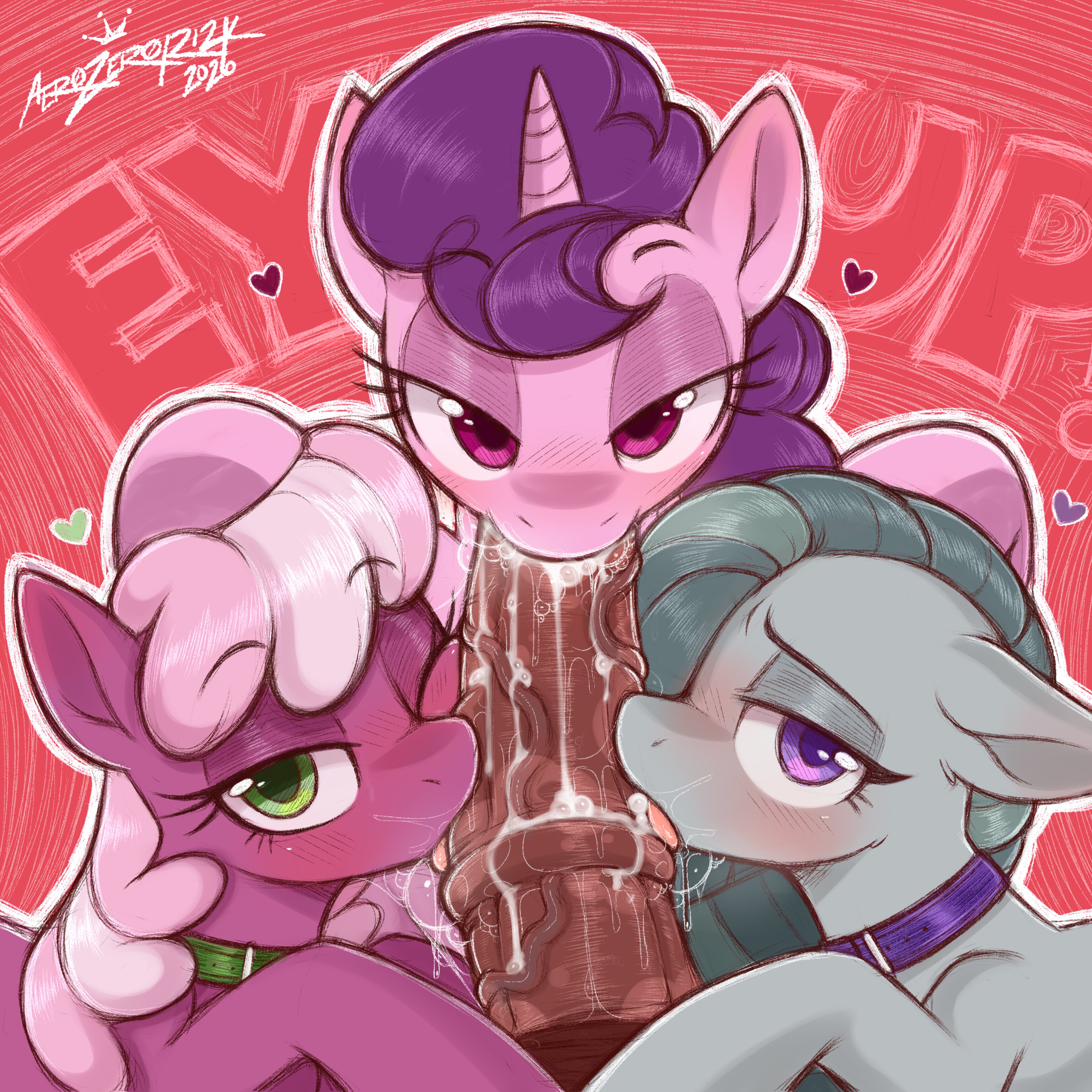 1boy, 1boy3girls, 2d, 2d (artwork), 2d artwork, 3girls, aer0 zer0, big macintosh, cheerilee, collaborative fellatio, cum, cum in mouth, cum inside, equine, equine genitalia, equine penis, erection, female, friendship is magic, green eyes, grey body, hasbro, horse, horse penis, horsecock, licking, looking at viewer, male, marble pie, mare, my little pony, oral, penis, pink body, pony, pov, pov male, purple body, purple eyes, shaft, stallion, sucking, sugar belle
