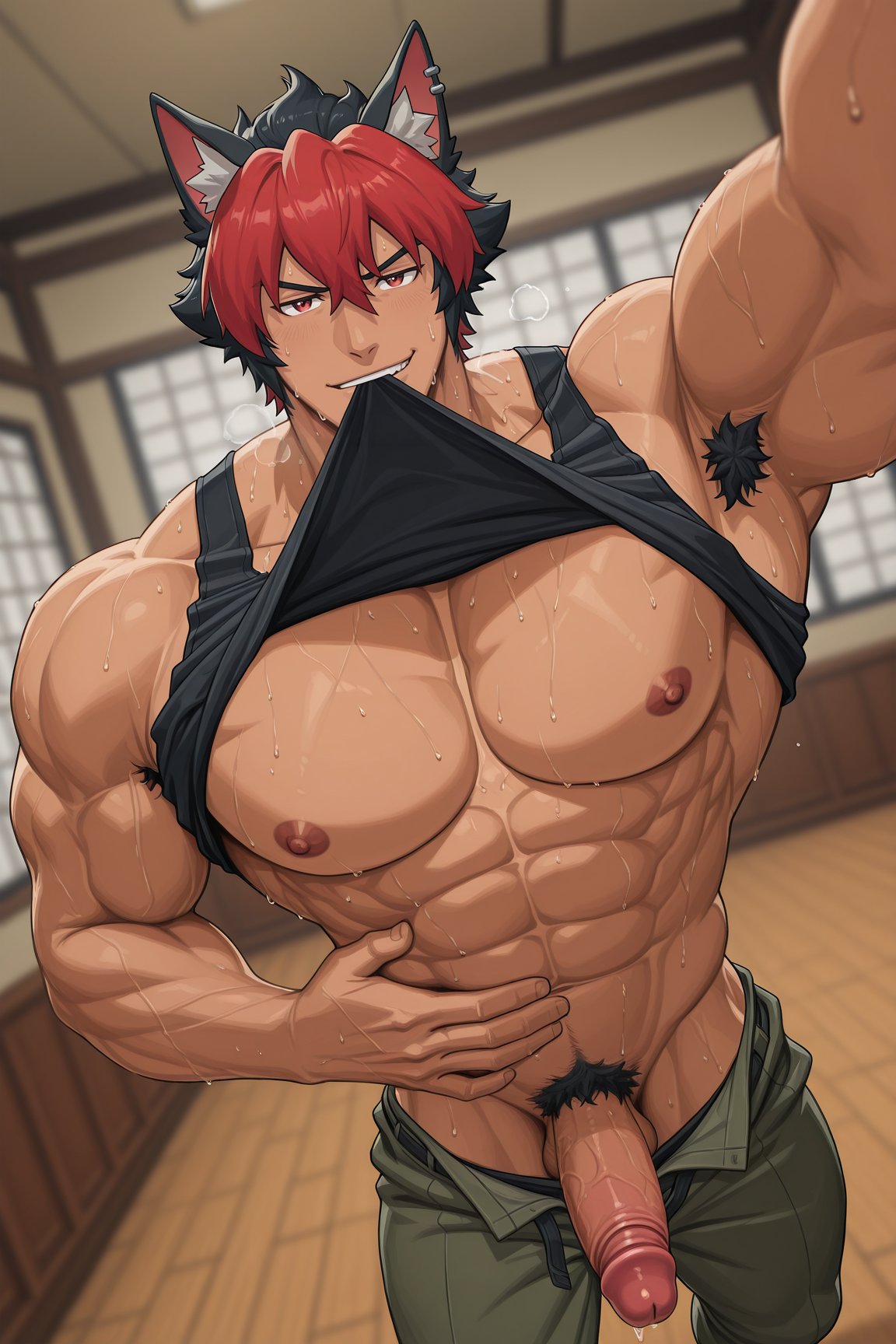 ai generated, bara, dustandashes jj, gay, komano manato, male, male focus, male only, muscular, muscular male, yaoi, zenless zone zero
