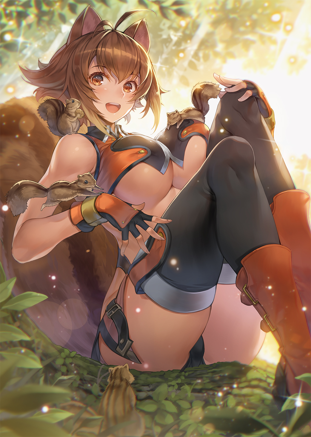 animal ears, antenna hair, black thighhighs, blazblue, boots, breasts, brown eyes, brown hair, crop top, female, female only, fingerless gloves, forest, gloves, hagure keg, highres, large breasts, light rays, looking at viewer, makoto nanaya, multicolored hair, nature, nut (food), orange boots, orange gloves, sitting, smile, squirrel, squirrel ears, squirrel girl, squirrel tail, tail, teeth, thighhighs, thighs, two-tone hair, underboob, upper teeth only