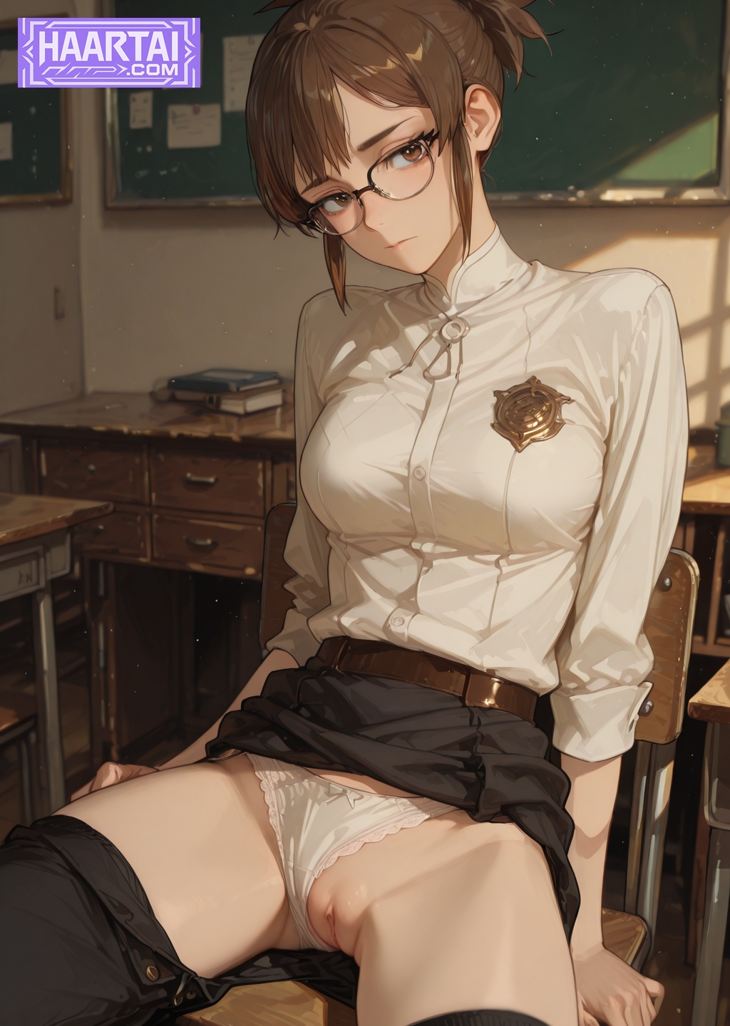 1girls, ai generated, blush, brown eyes, brown hair, dota 2, female, glasses, haart ai, marci, marci (dota), medium breasts, medium hair, ponytail, pussy, school uniform, showing off, showing pussy, skinny, slim waist, tagme, uniform