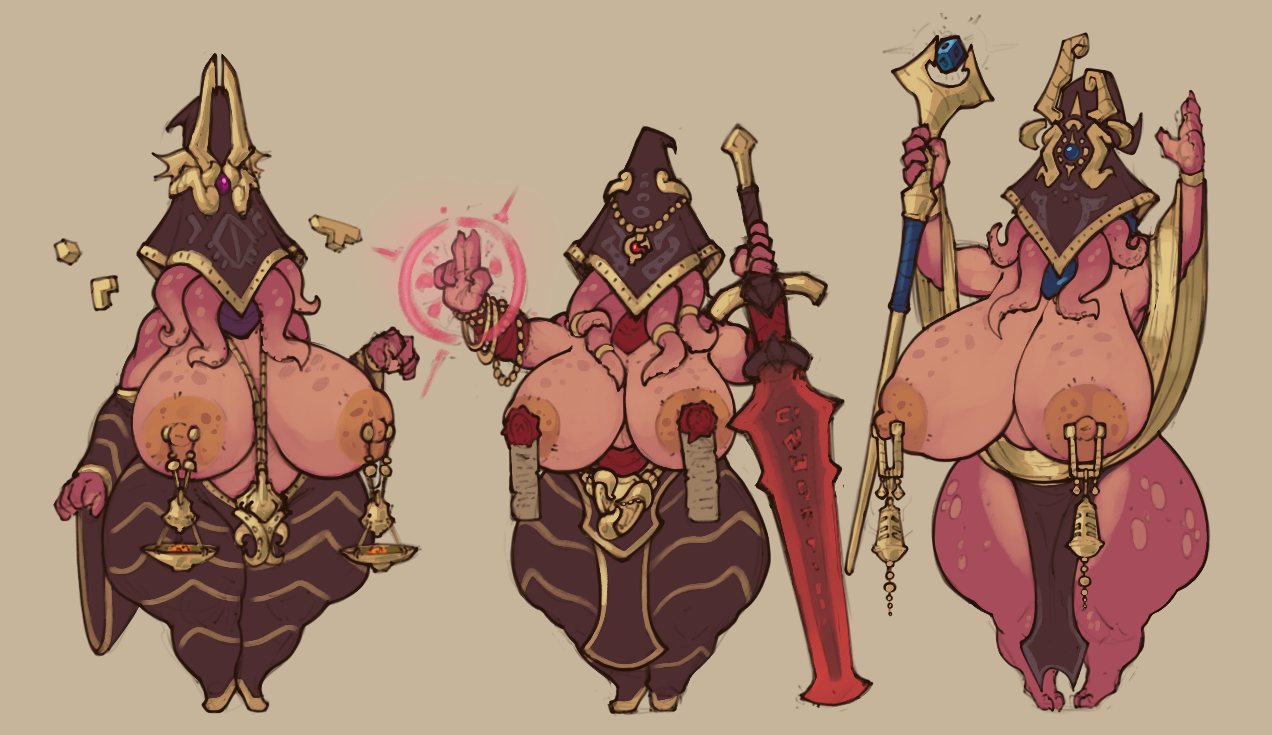 3girls, anthro, bbw, big areola, big ass, big breasts, breasts, chubby, covered face, cultist, digital drawing (artwork), digital media (artwork), face covered, face tentacles, freckles, freckles on breasts, freckles on thighs, gold jewelry, hips, hips wider than shoulders, huge breasts, humanoid, jewelry, magic, magic staff, monster, monster girl, nightmare waifu, octopus, octopus girl, octopus humanoid, original, original characters, pierced nipples, pink body, pink skin, plump, plump breasts, plump thighs, purity seal, ring (jewelry), robe, shortstack, squid, squid girl, squid humanoid, staff, suction cup, sword, tentacle, tentacle face, tentacle from mouth, tentacle on face, tentacle suckers, thecoatl034, thicc thighs, thick, thick thighs, thighs, thighs bigger than head