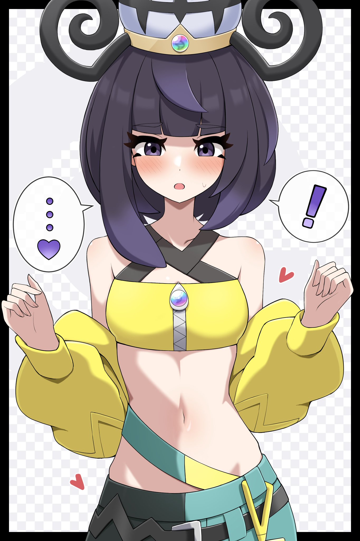1girls, bare shoulders, canari (pokemon) (cosplay), canary (pokemon) (cosplay), cosplay, dark hair, female, female only, gwynn (pokemon), hat, heart, light-skinned female, midriff, muku (pokemon), nintendo, pokemon, pokemon legends: z-a, purple eyes, purple text, shabana may, speech bubble, tummy