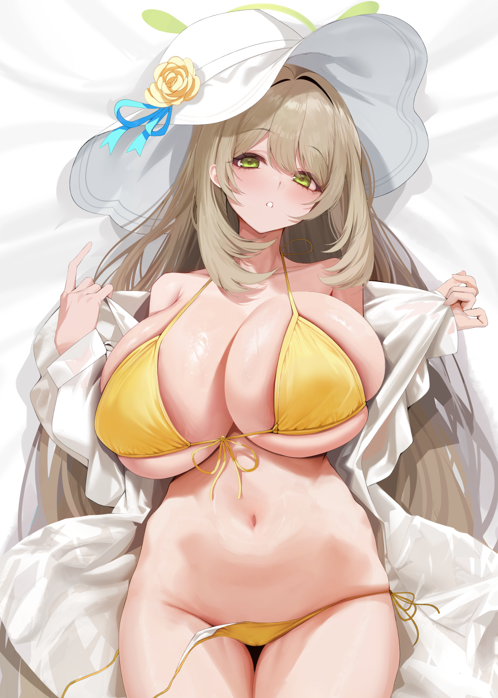 1girls, bed sheet, bikini, blue archive, breasts, brown hair, commentary request, dakimakura (medium), female, female only, flower, front-tie bikini top, front-tie top, green eyes, green halo, hair intakes, halo, hat, hat flower, highres, huge breasts, long hair, looking at viewer, lying, navel, nonomi (blue archive), nonomi (swimsuit) (blue archive), official alternate costume, on back, on bed, open clothes, open shirt, opened by self, shirt, side-tie bikini bottom, skindentation, solo, stomach, sun hat, swimsuit, untied bikini bottom, white hat, white shirt, wide hips, xiujia yihuizi, yellow bikini, yellow flower