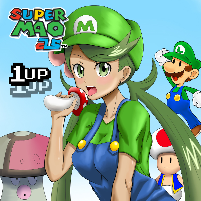 1girls 1other 1up 2boys amoonguss blue_background blush breasts clothed crossover dark-skinned_female dark_skin eld_(ljhlee12) female female_focus fungi_fauna gradient_background green_hair human luigi luigi_(cosplay) male mallow_(pokemon) mario_(series) multiple_boys mushroom nintendo open_mouth pokemon pokemon_sm sexually_suggestive simple_background super_mario_bros. text toad_(mario) tongue_out