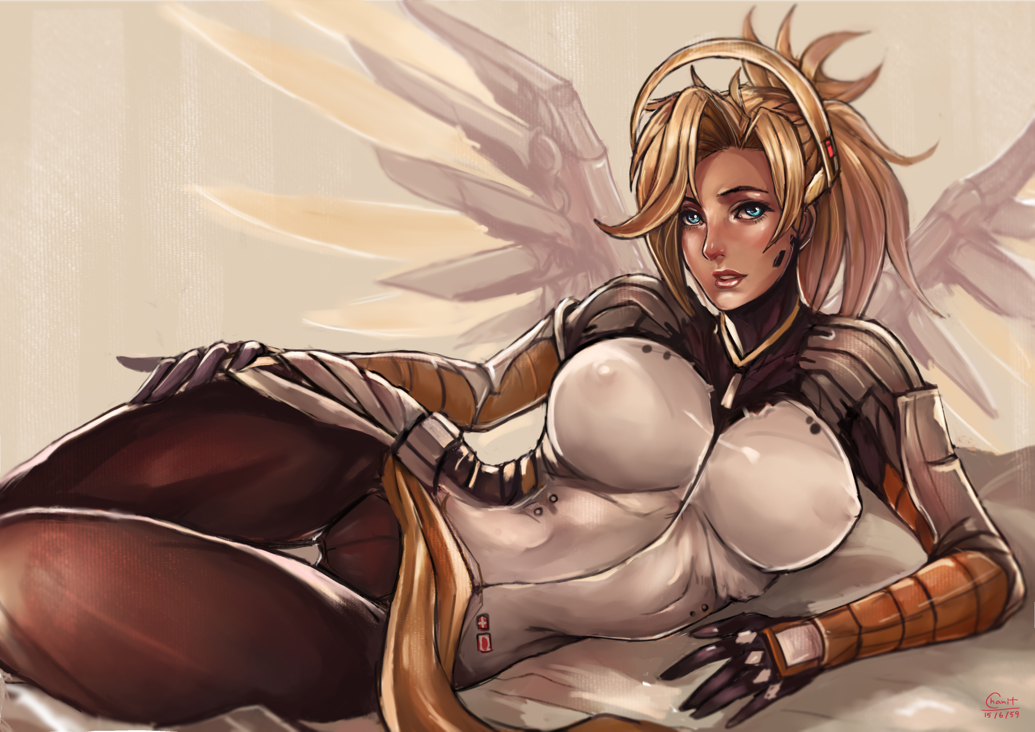 1girls, adapted costume, artist name, black gloves, blizzard entertainment, blonde, blonde female, blonde hair, blue eyes, bodysuit, breasts, brown legwear, clothing, costume, curvaceous, dated, erect nipples, erect nipples under clothes, eyelashes, female, female only, gauntlets, gloves, halo, high ponytail, high resolution, human, kachima, large breasts, legwear, lips, long hair, looking at viewer, lying, mechanical halo, mechanical wings, medium breasts, mercy, nipples, on side, overwatch, pantyhose, patreon, patreon logo, patreon username, ponytail, power armor, sash, signature, solo, spread wings, thigh gap, tied hair, unaligned breasts, very high resolution, video game, visor, watermark, white wings, wings, yellow wings