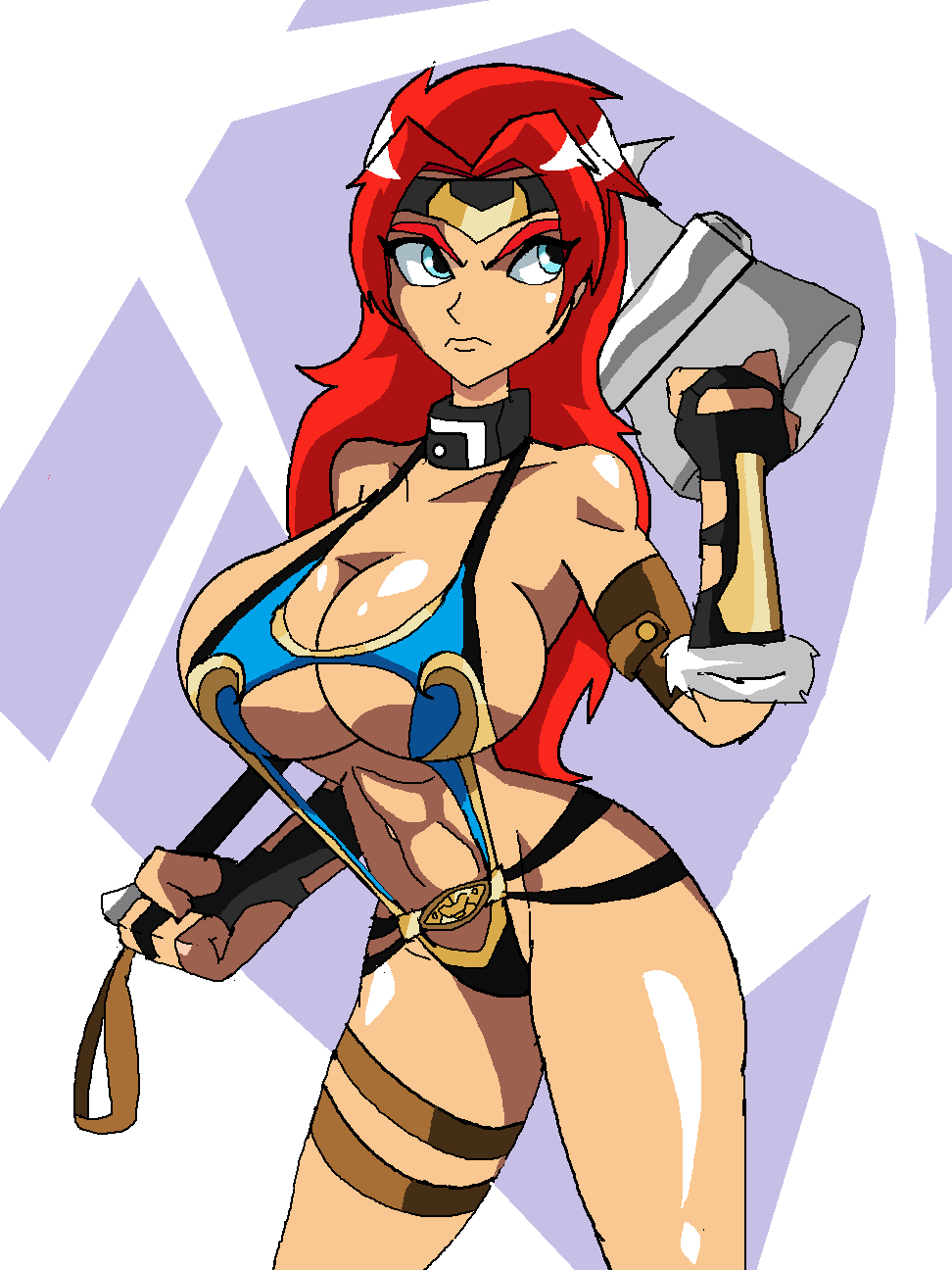 1girls armband arms_up axe bare_shoulders belt big_breasts blue_eyes bracer busty choker cleavage curvy detailed_background female female_only front_view ginger hairband holding_object hourglass_figure human legband leotard long_hair manic47 midriff original_character pose posing red_hair shiny shiny_skin solo standing sword underboob voluptuous weapon wide_hips