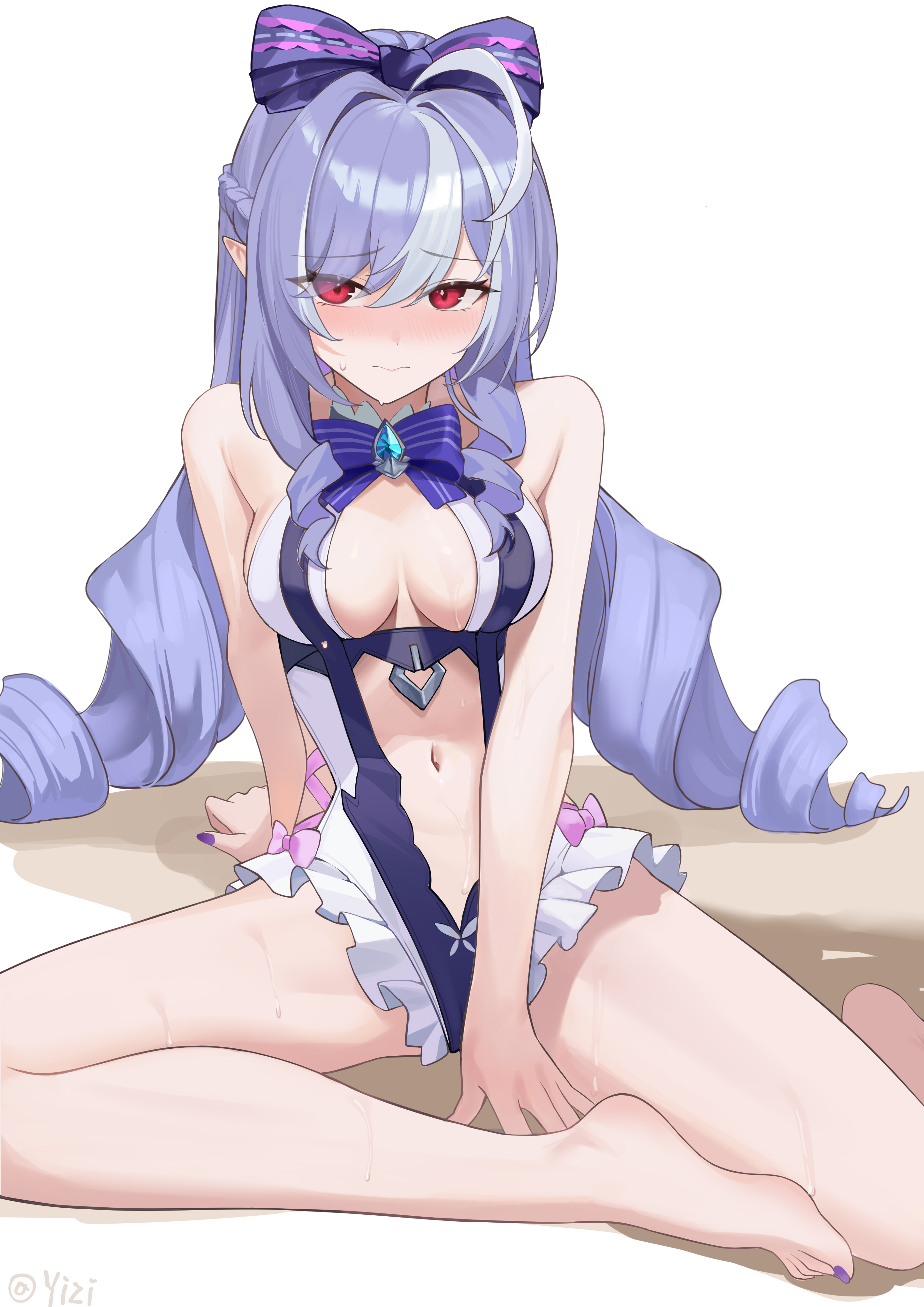1girls, artist request, breasts, exposed breasts, female, hoyoverse, legs, long hair, mihoyo, official alternate costume, purple hair, red eyes, swimsuit, vivian banshee, vivian banshee (iris of the shore), white swimsuit, zenless zone zero