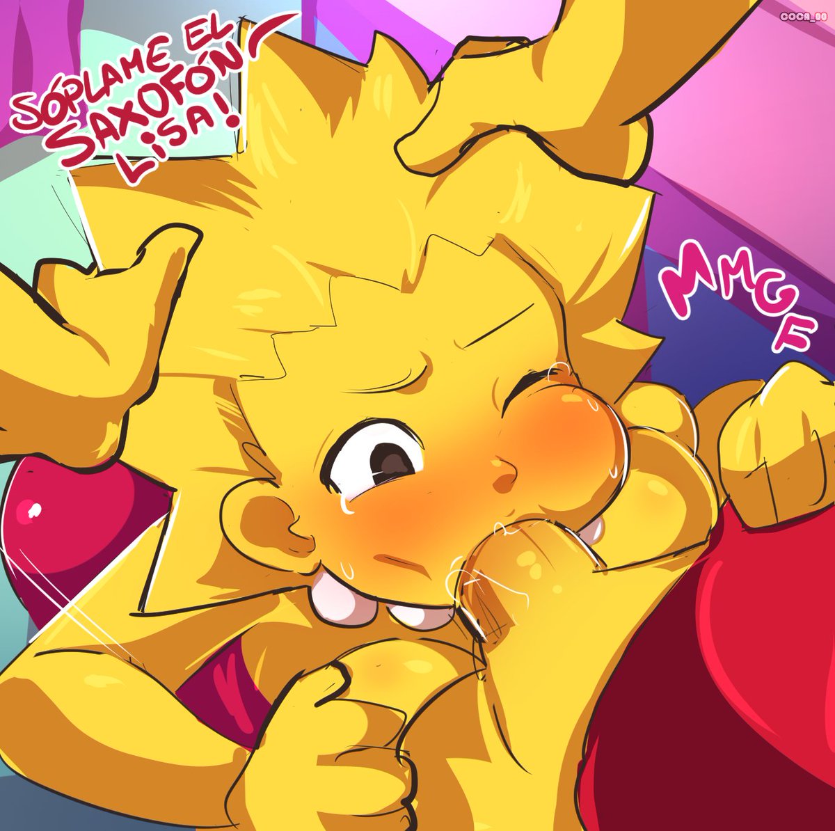 1boy, 1girls, bart simpson, big breasts, blowjob, blush, breast press, breast squeeze, breasts, brother and sister, coca-bee, female, incest, indoors, lisa simpson, male, no, pants, penis, sucking, sucking penis, the simpsons, yellow skin