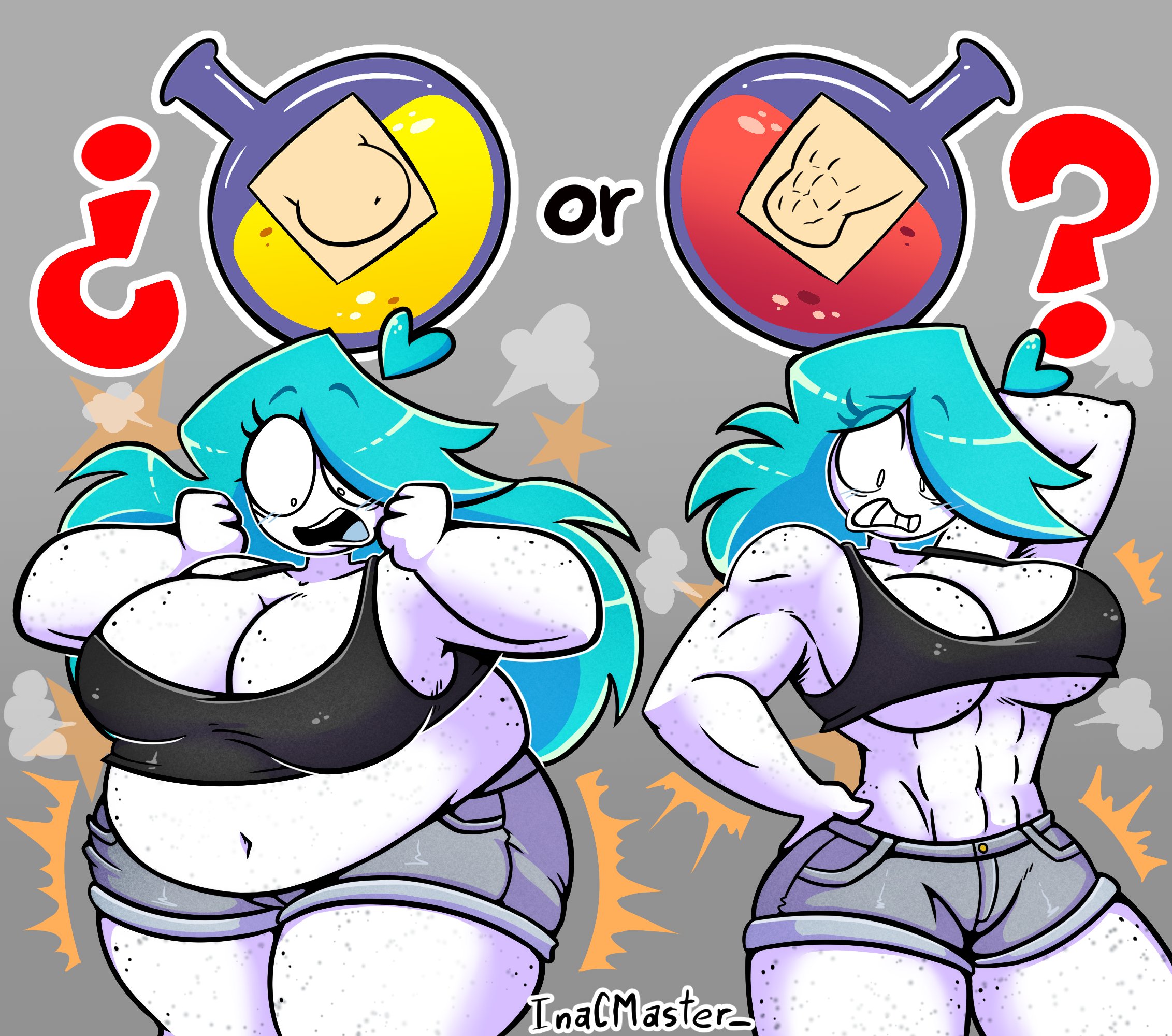 1girls, abs, blue hair, fat, female, female only, inacmaster, nerida (inacmaster), potion, potion bottle, shocked, shocked expression, solo, solo female, solo focus, surprised, surprised expression, take your pick, thick thighs