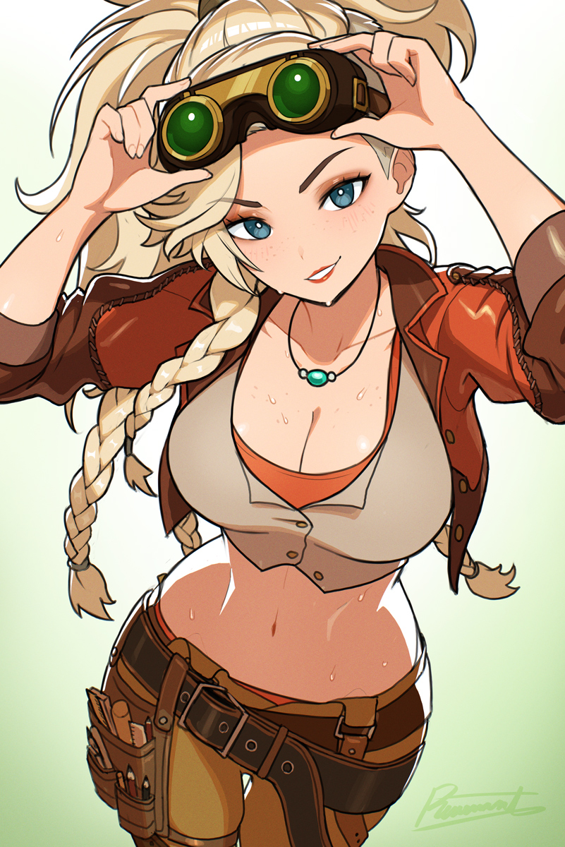 adjusting goggles, asymmetrical hair, blacksmith, blonde hair, blue eyes, braid, breasts, cleavage, crop top, cropped jacket, female, female only, gemma (monster hunter wilds), goggles, goggles on head, gradient background, highres, jacket, jewelry, large breasts, leather, leather belt, leather jacket, long hair, looking at viewer, monster hunter (series), multiple braids, navel, necklace, open clothes, open jacket, ponytail, revenantart, solo, sweat
