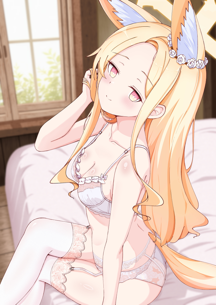 animal ear fluff, animal ears, bare arms, bare shoulders, blonde hair, blue archive, bra, breasts, cleavage, closed mouth, crossed legs, female, forehead, fox ears, fox girl, fox tail, garter straps, halo, hand in own hair, long hair, panties, pink eyes, seia (blue archive), sidelocks, sitting, smile, solo, sumikoto, tail, thighhighs, underwear, underwear only, white bra, white garter straps, white panties, white thighhighs, yellow halo